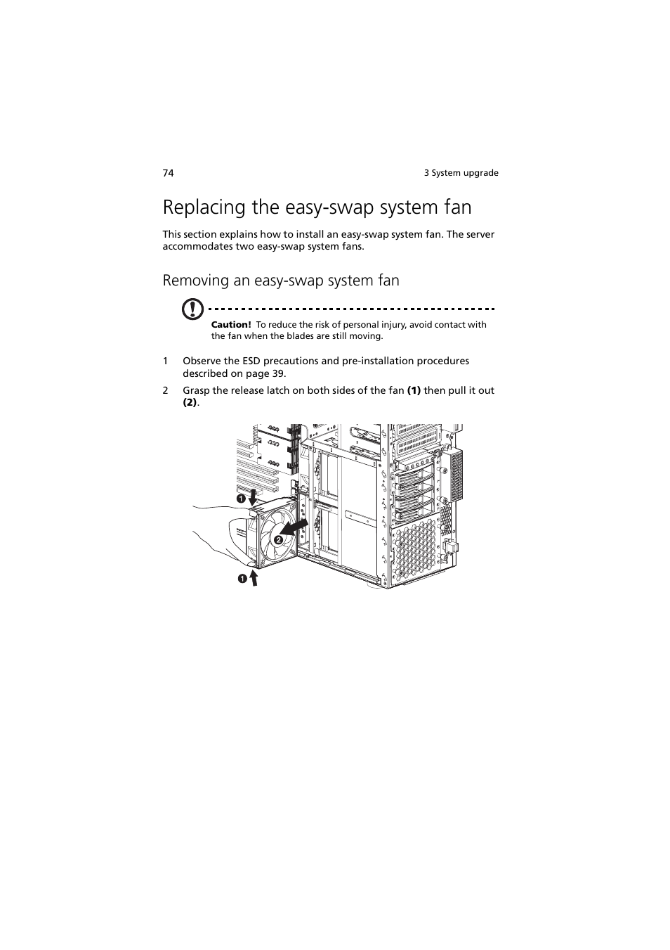 Replacing the easy-swap system fan, Removing an easy-swap system fan | Acer Altos G710 User Manual | Page 84 / 198
