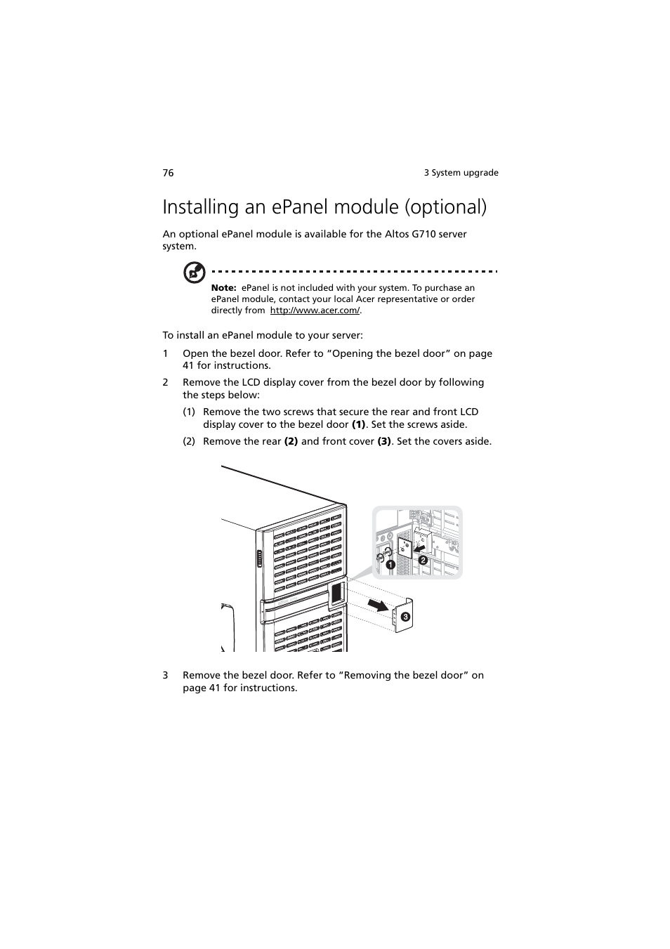 Installing an epanel module (optional) | Acer Altos G710 User Manual | Page 86 / 198