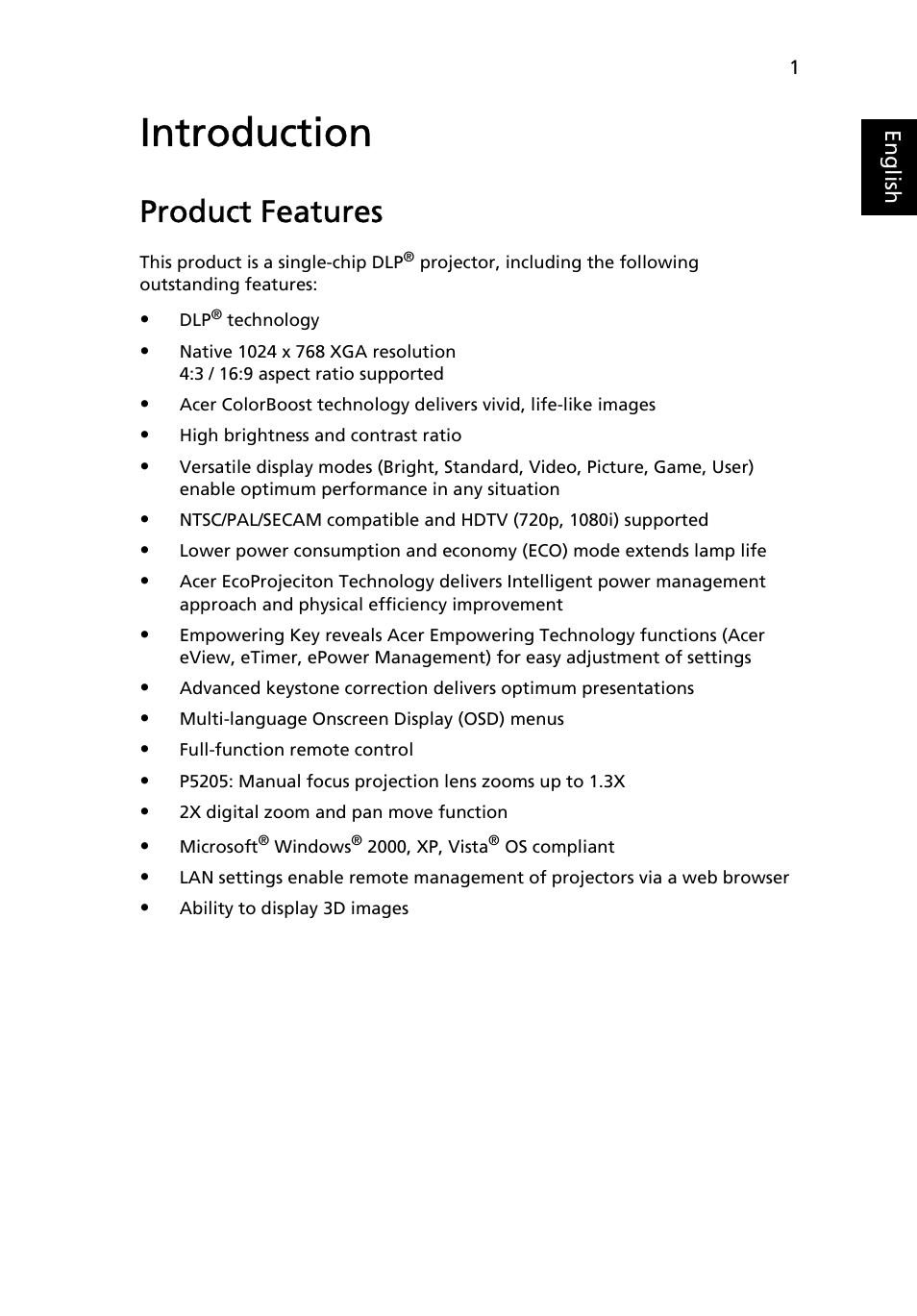 Introduction, Product features | Acer P5205 User Manual | Page 11 / 59