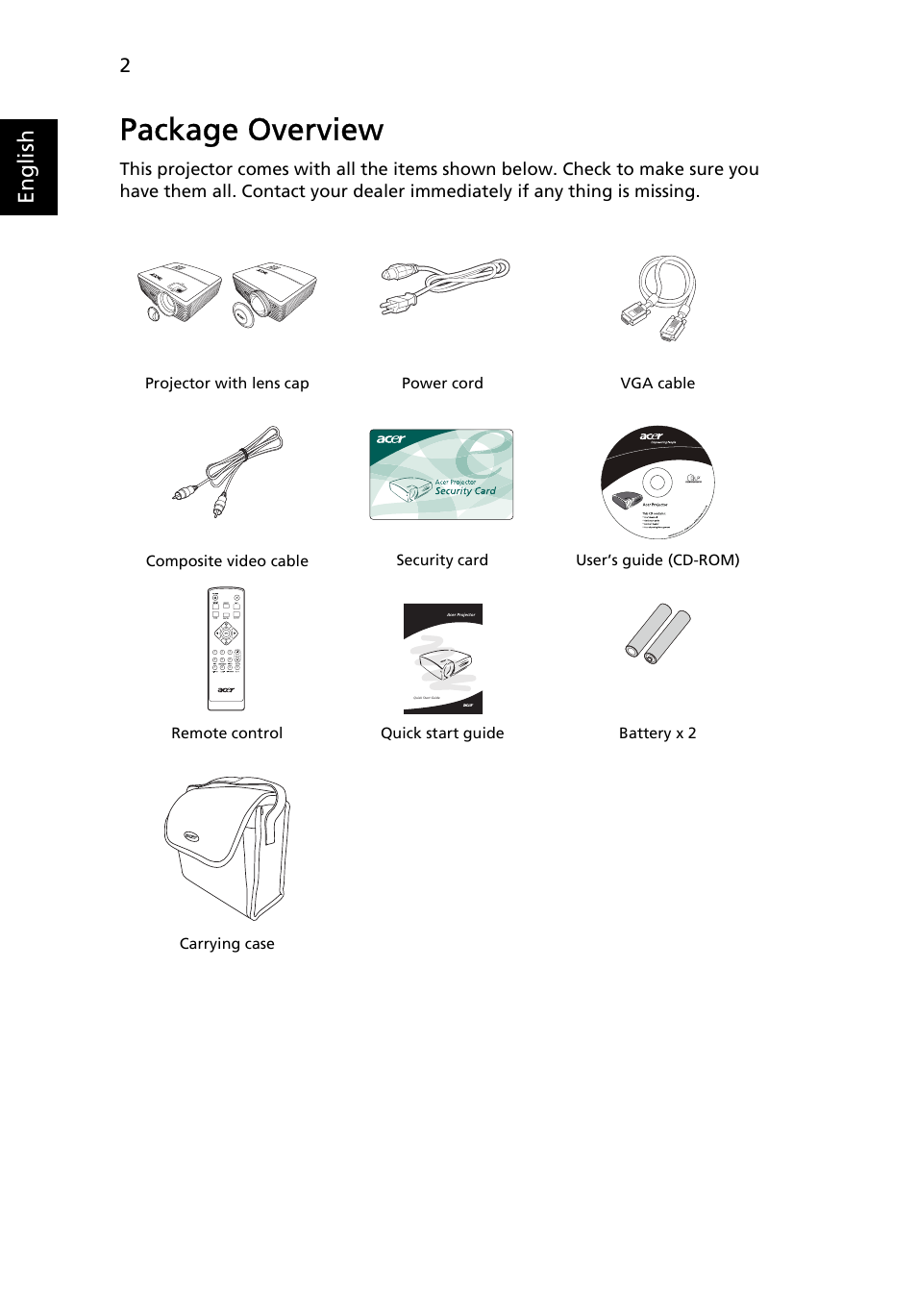 Package overview, English | Acer P5205 User Manual | Page 12 / 59