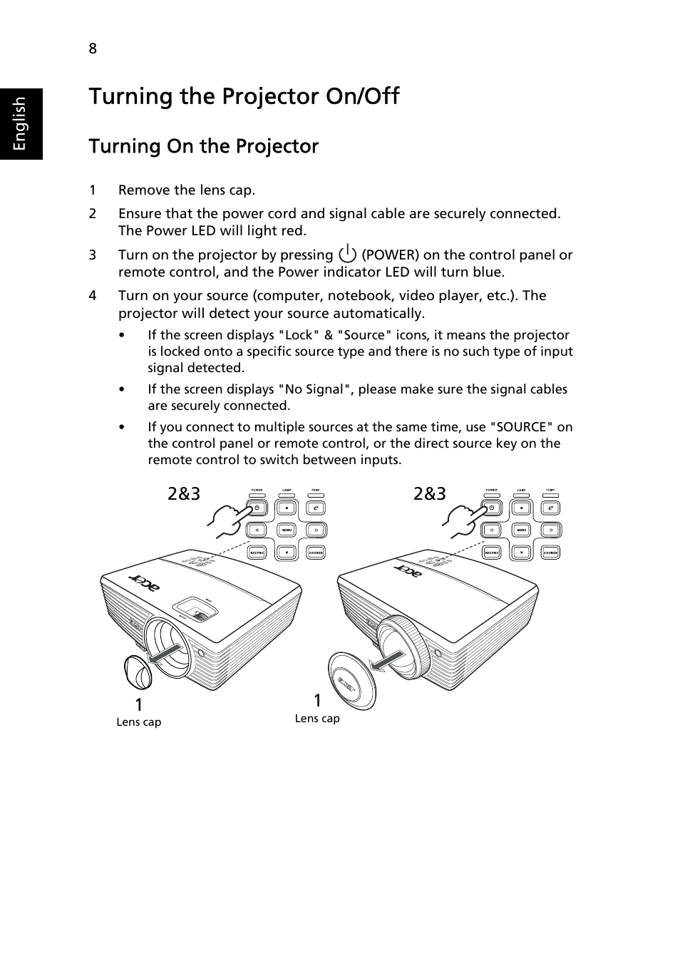 Turning the projector on/off, Turning on the projector | Acer P5205 User Manual | Page 18 / 59