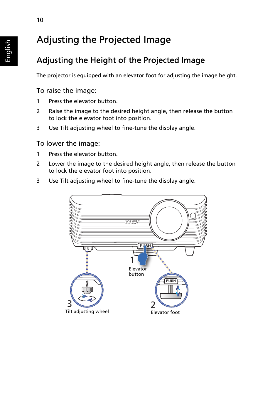 Adjusting the projected image, Adjusting the height of the projected image | Acer P5205 User Manual | Page 20 / 59