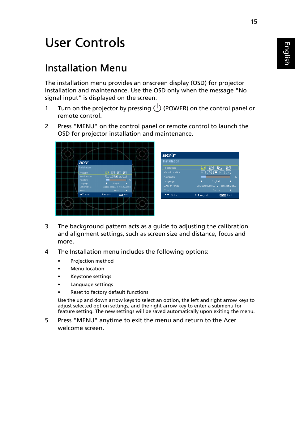 User controls, Installation menu | Acer P5205 User Manual | Page 25 / 59