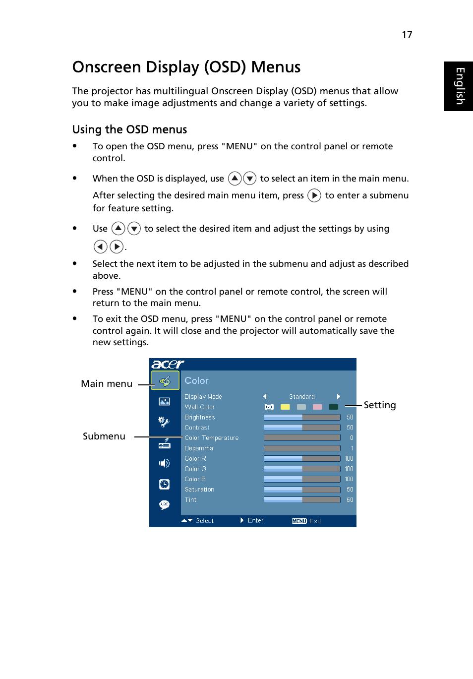 Onscreen display (osd) menus | Acer P5205 User Manual | Page 27 / 59