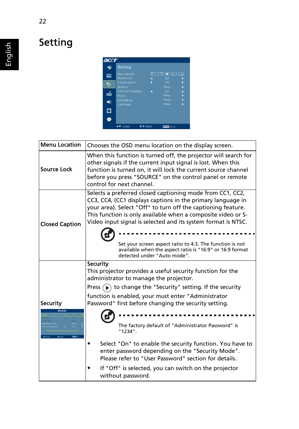 Setting | Acer P5205 User Manual | Page 32 / 59