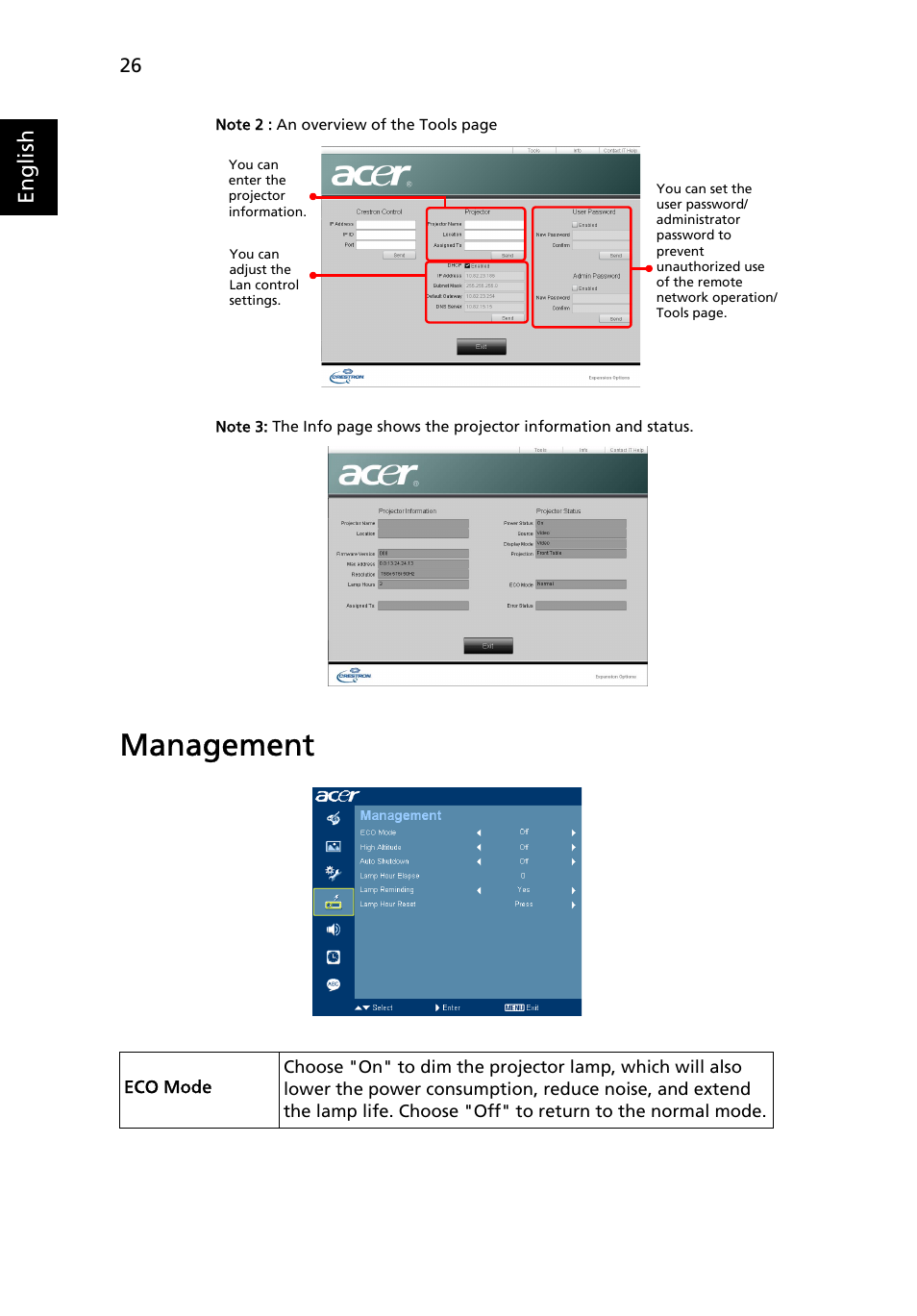 Management, English | Acer P5205 User Manual | Page 36 / 59