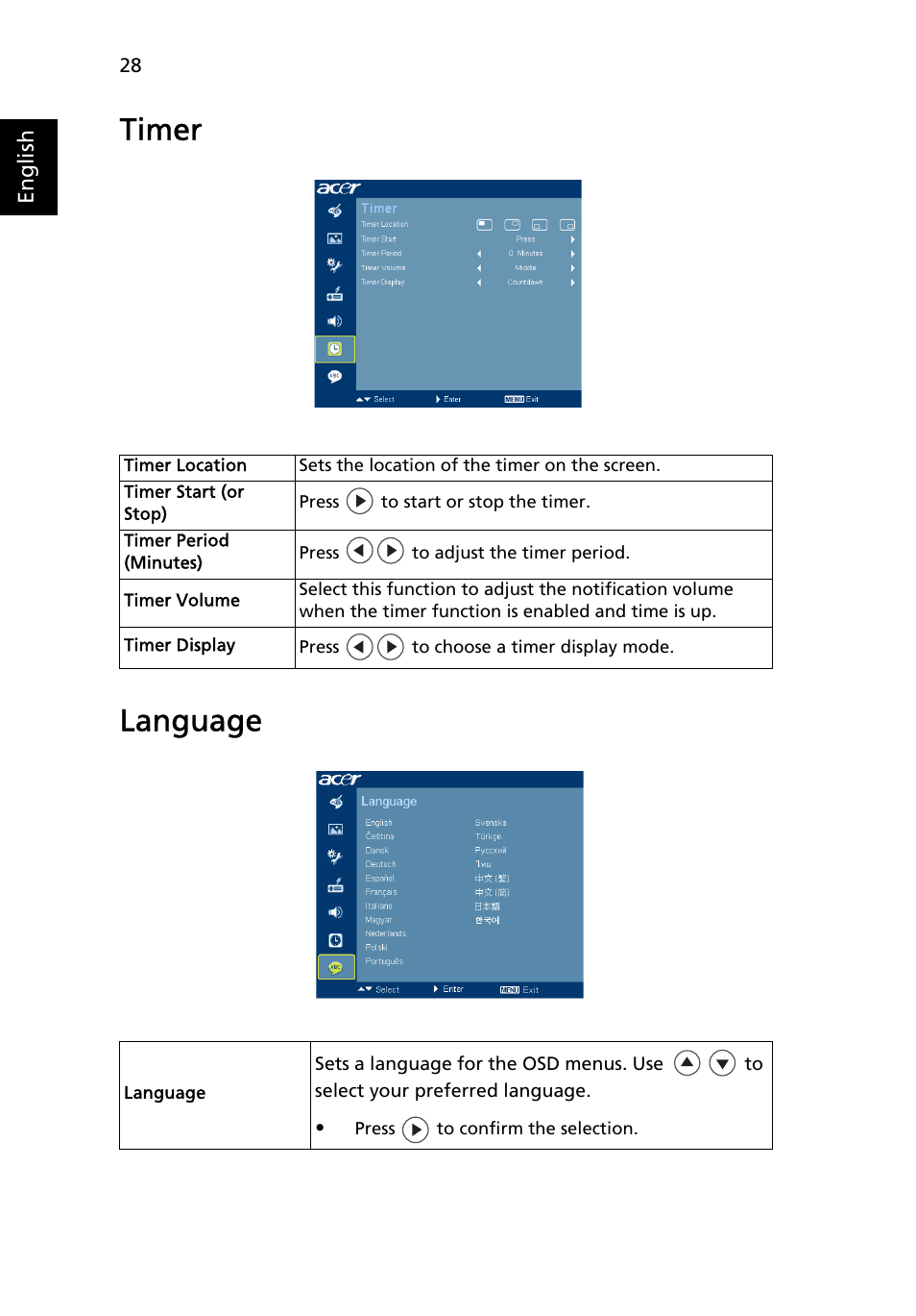 Timer, Language, Timer language | Acer P5205 User Manual | Page 38 / 59