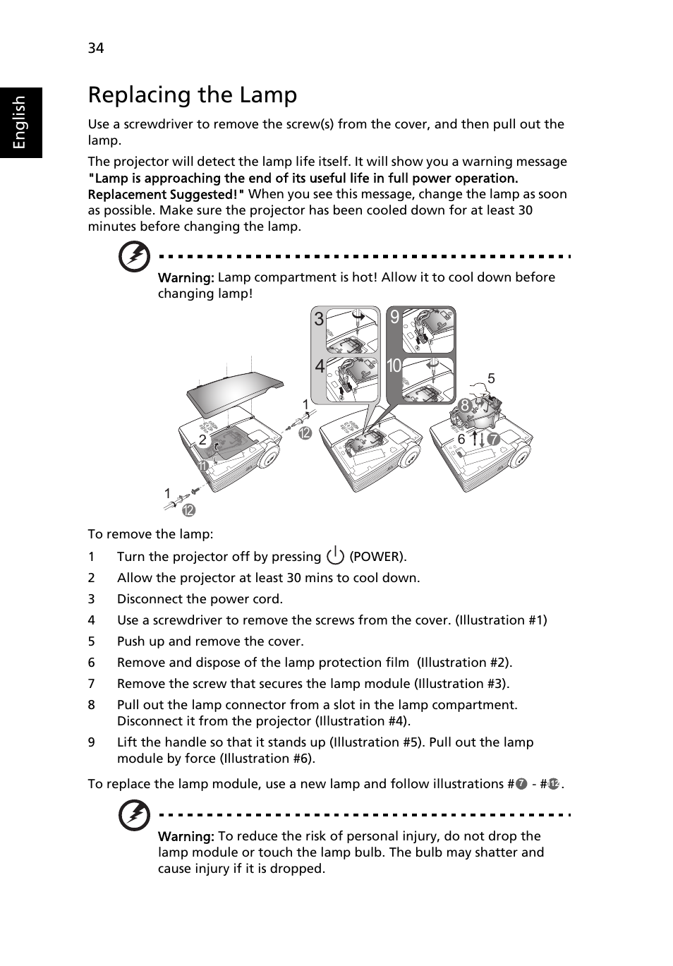Replacing the lamp, English | Acer P5205 User Manual | Page 44 / 59
