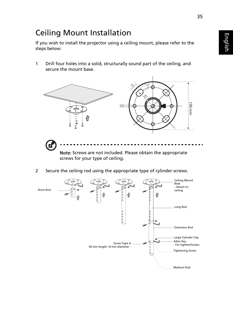 Ceiling mount installation, Eng lis h | Acer P5205 User Manual | Page 45 / 59