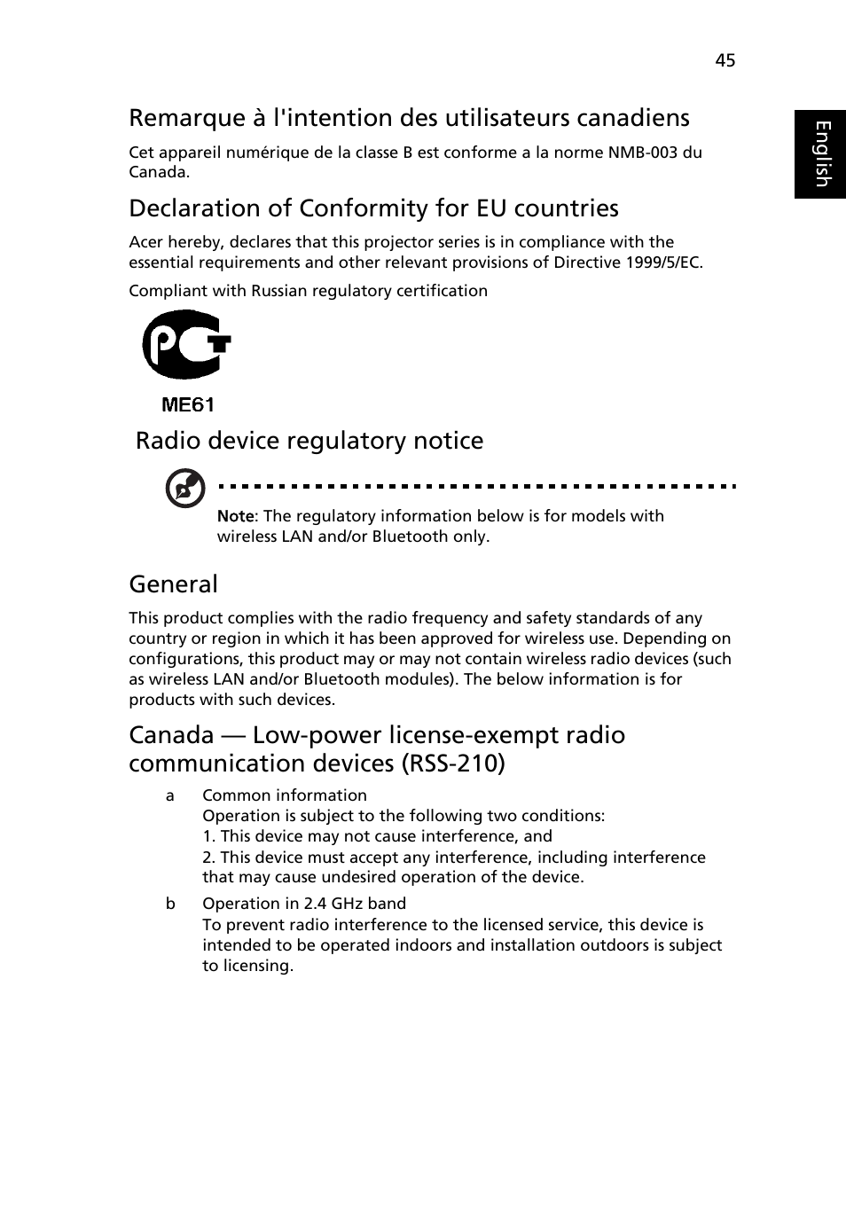 Remarque à l'intention des utilisateurs canadiens, Declaration of conformity for eu countries, Radio device regulatory notice | General | Acer P5205 User Manual | Page 55 / 59