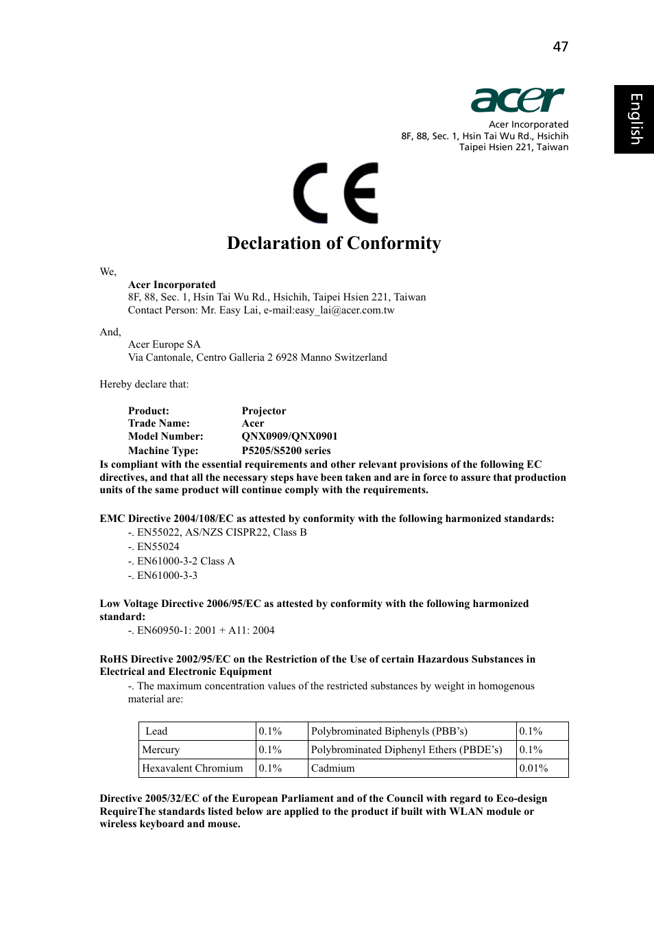 Declaration of conformity, Eng lish eng lis h | Acer P5205 User Manual | Page 57 / 59