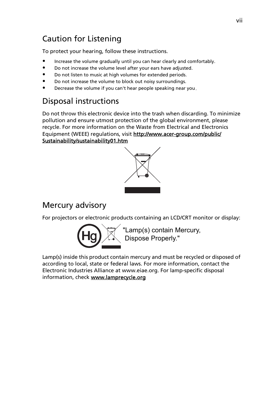 Caution for listening, Disposal instructions, Mercury advisory | Acer P5205 User Manual | Page 7 / 59