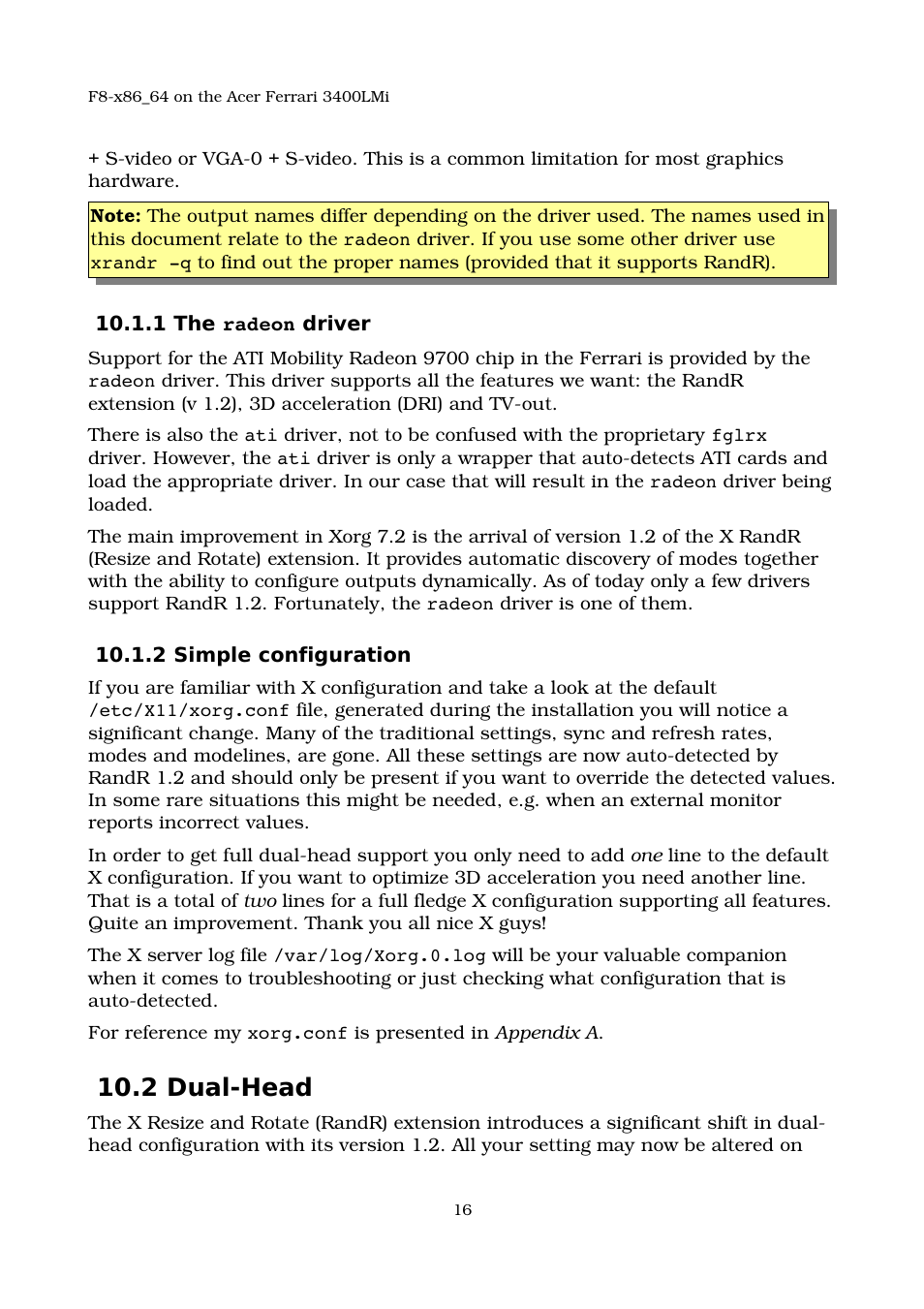1 the radeon driver, 2 simple configuration, 2 dual-head | Acer 3400LMI User Manual | Page 16 / 56