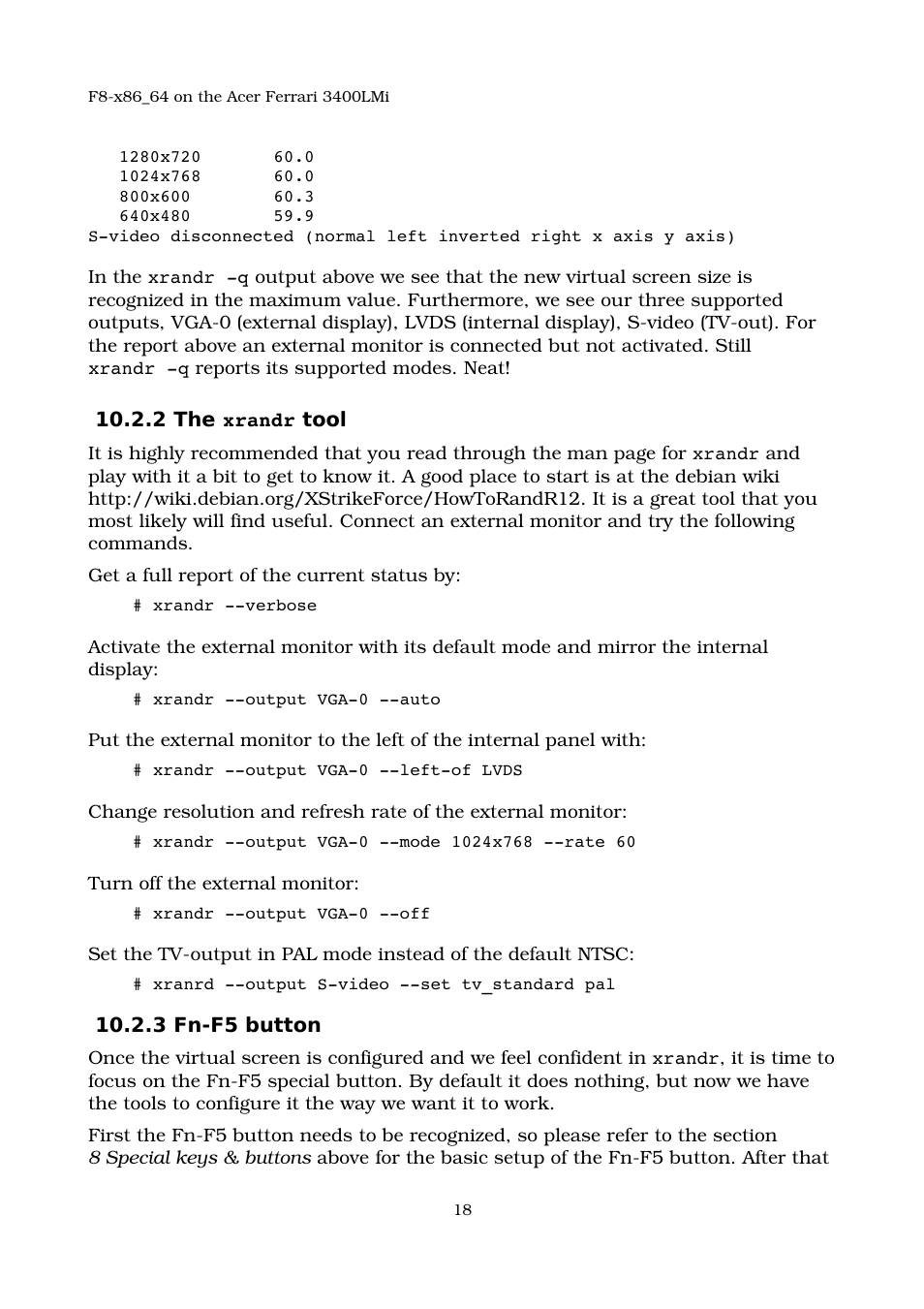 2 the xrandr tool, 3 fn‑f5 button | Acer 3400LMI User Manual | Page 18 / 56