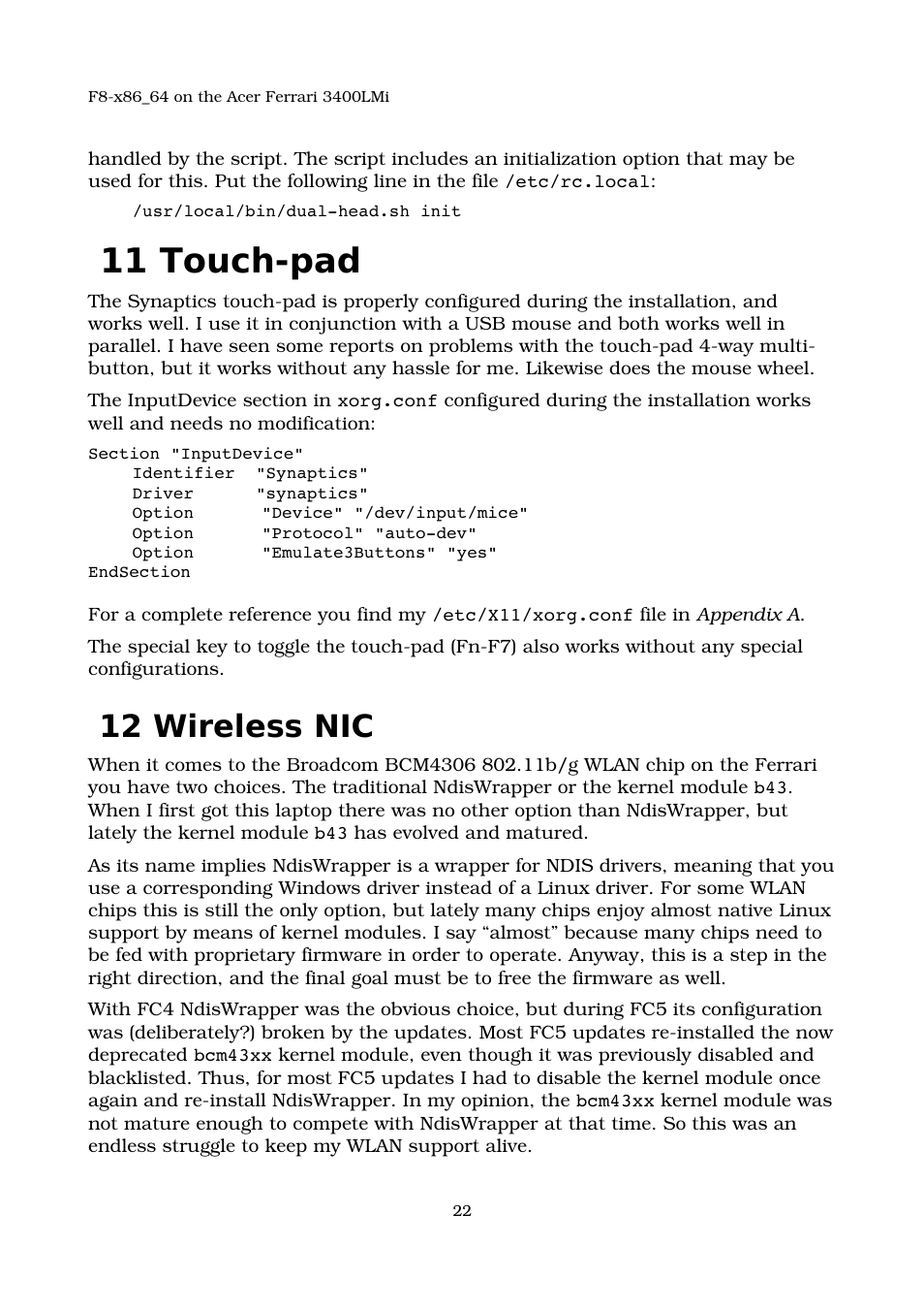 11 touch-pad, 12 wireless nic, Nic (wireless) | Touchpad | Acer 3400LMI User Manual | Page 22 / 56