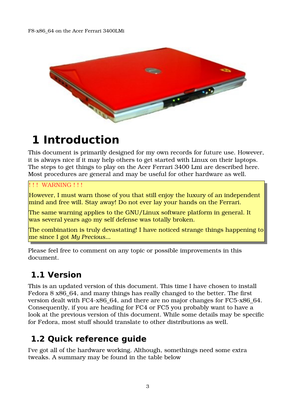 1 introduction, 1 version, 2 quick reference guide | Acer 3400LMI User Manual | Page 3 / 56