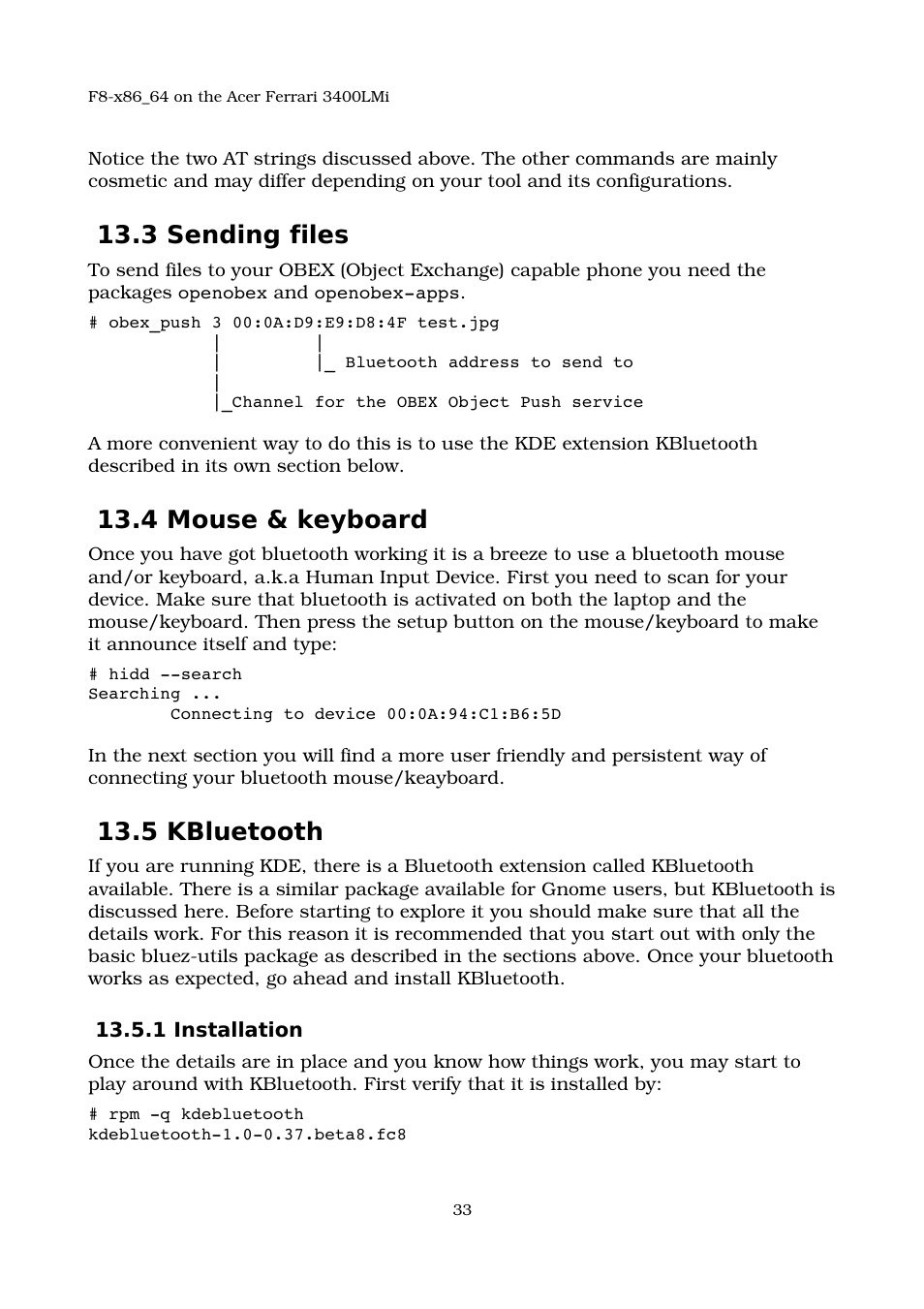 3 sending files, 4 mouse & keyboard, 5 kbluetooth | 1 installation | Acer 3400LMI User Manual | Page 33 / 56