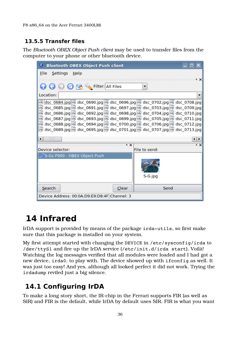 5 transfer files, 14 infrared, 1 configuring irda | Infrared | Acer 3400LMI User Manual | Page 36 / 56