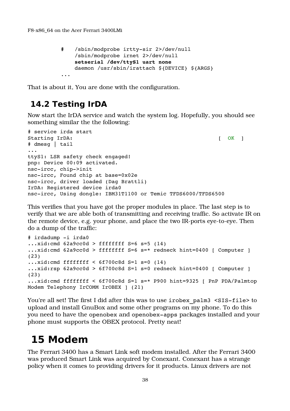 2 testing irda, 15 modem, Modem | Acer 3400LMI User Manual | Page 38 / 56