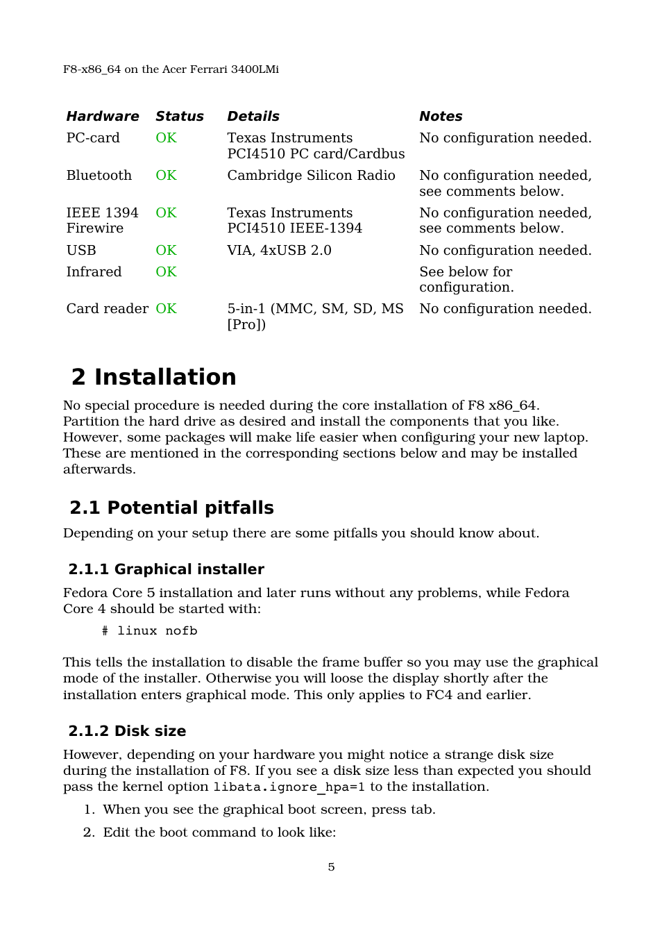 2 installation, 1 potential pitfalls, 1 graphical installer | 2 disk size | Acer 3400LMI User Manual | Page 5 / 56