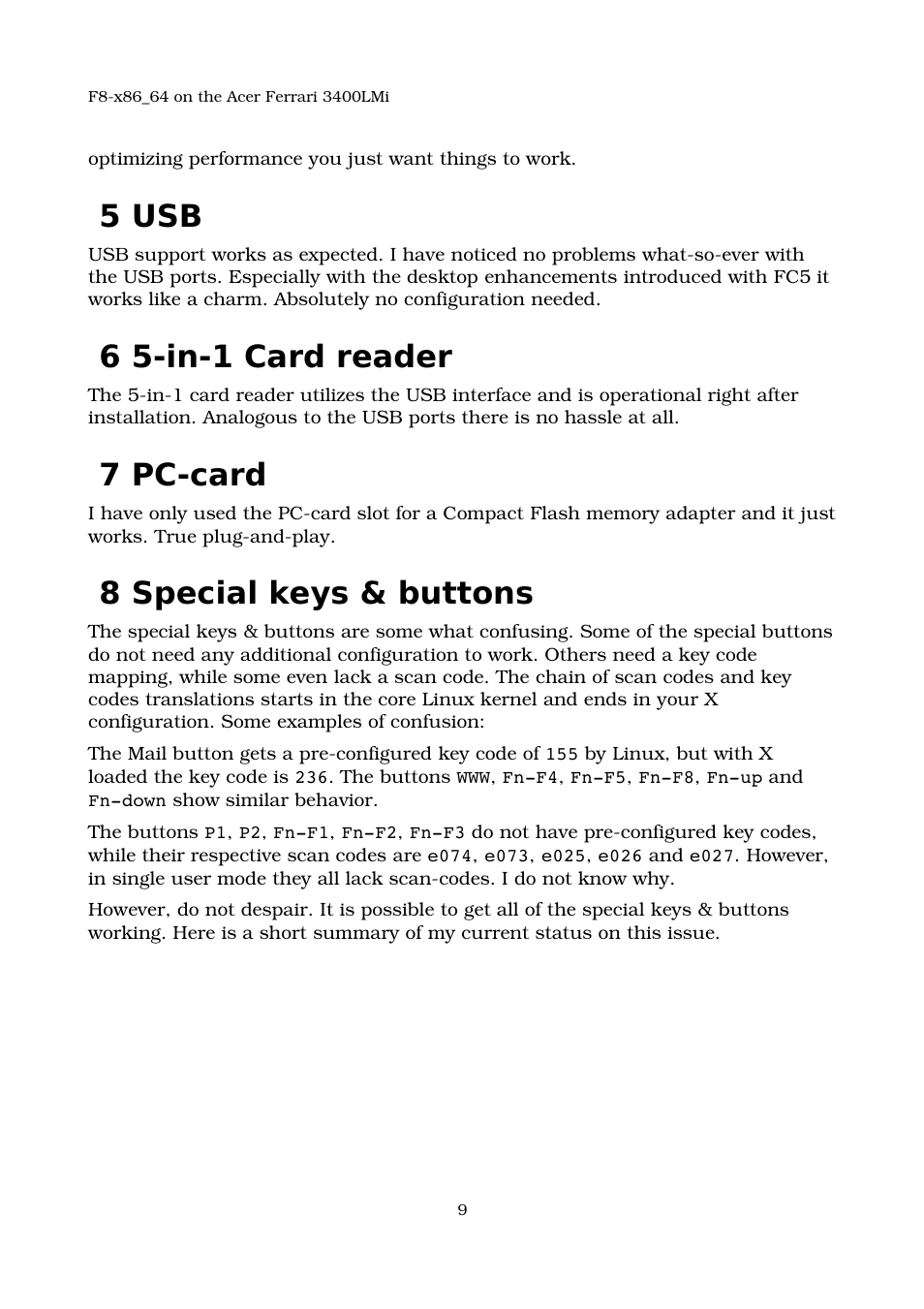 5 usb, 6 5-in-1 card reader, 7 pc-card | 8 special keys & buttons, Pc-card, Card reader | Acer 3400LMI User Manual | Page 9 / 56