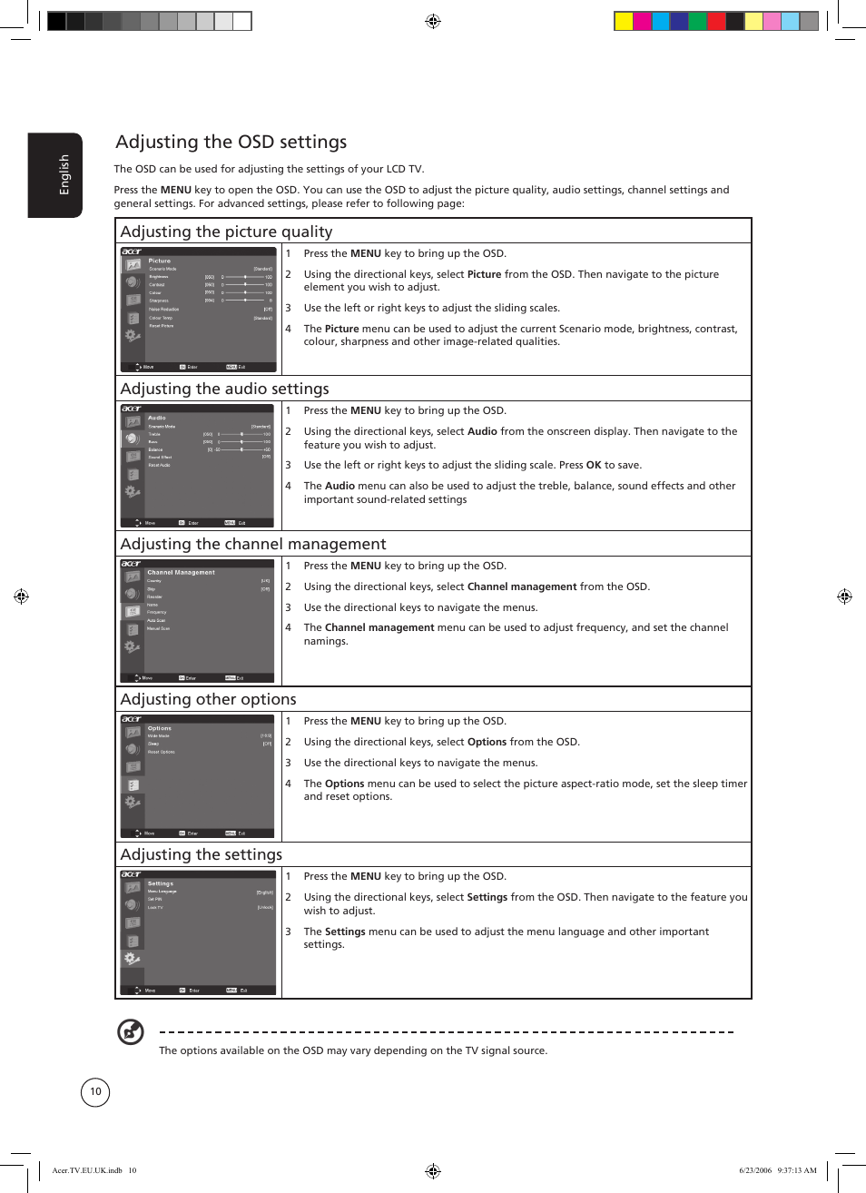 Adjusting the osd settings, Adjusting the picture quality, Adjusting the audio settings | Adjusting the channel management, Adjusting other options, Adjusting the settings | Acer AT3220 User Manual | Page 10 / 16