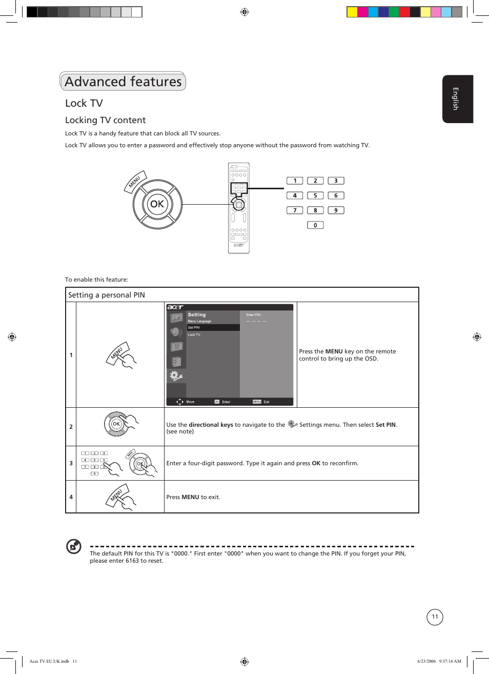 Advanced features, Lock tv, Locking tv content | Acer AT3220 User Manual | Page 11 / 16