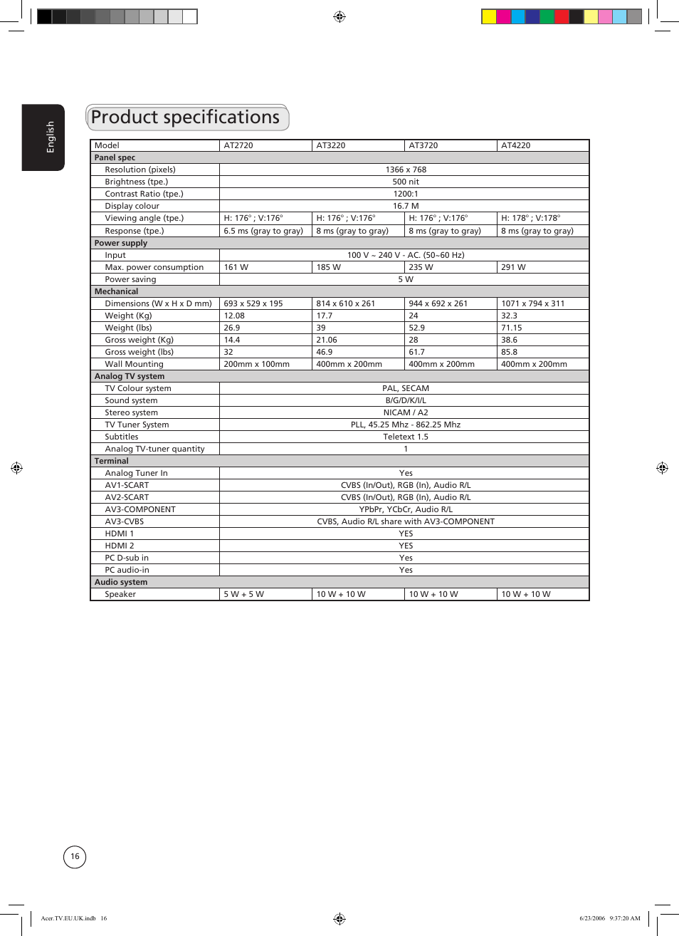 Product specifications | Acer AT3220 User Manual | Page 16 / 16