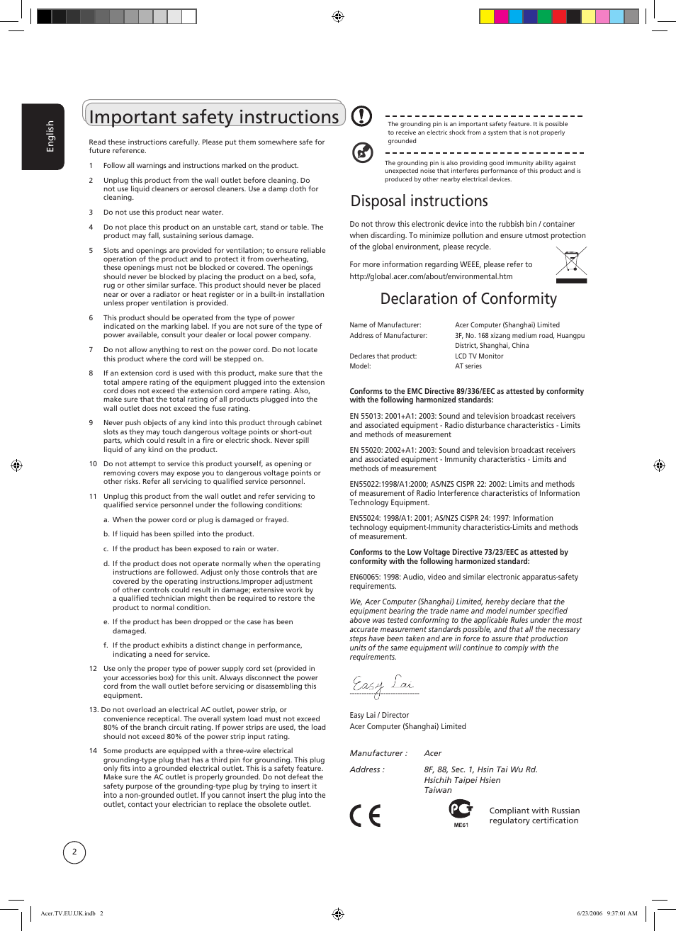 Important safety instructions, Disposal instructions, Declaration of conformity | Acer AT3220 User Manual | Page 2 / 16
