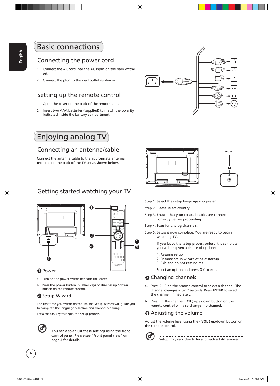 Basic connections, Enjoying analog tv, Connecting the power cord | Setting up the remote control, Getting started watching your tv, Connecting an antenna/cable, Changing channels, Adjusting the volume | Acer AT3220 User Manual | Page 6 / 16