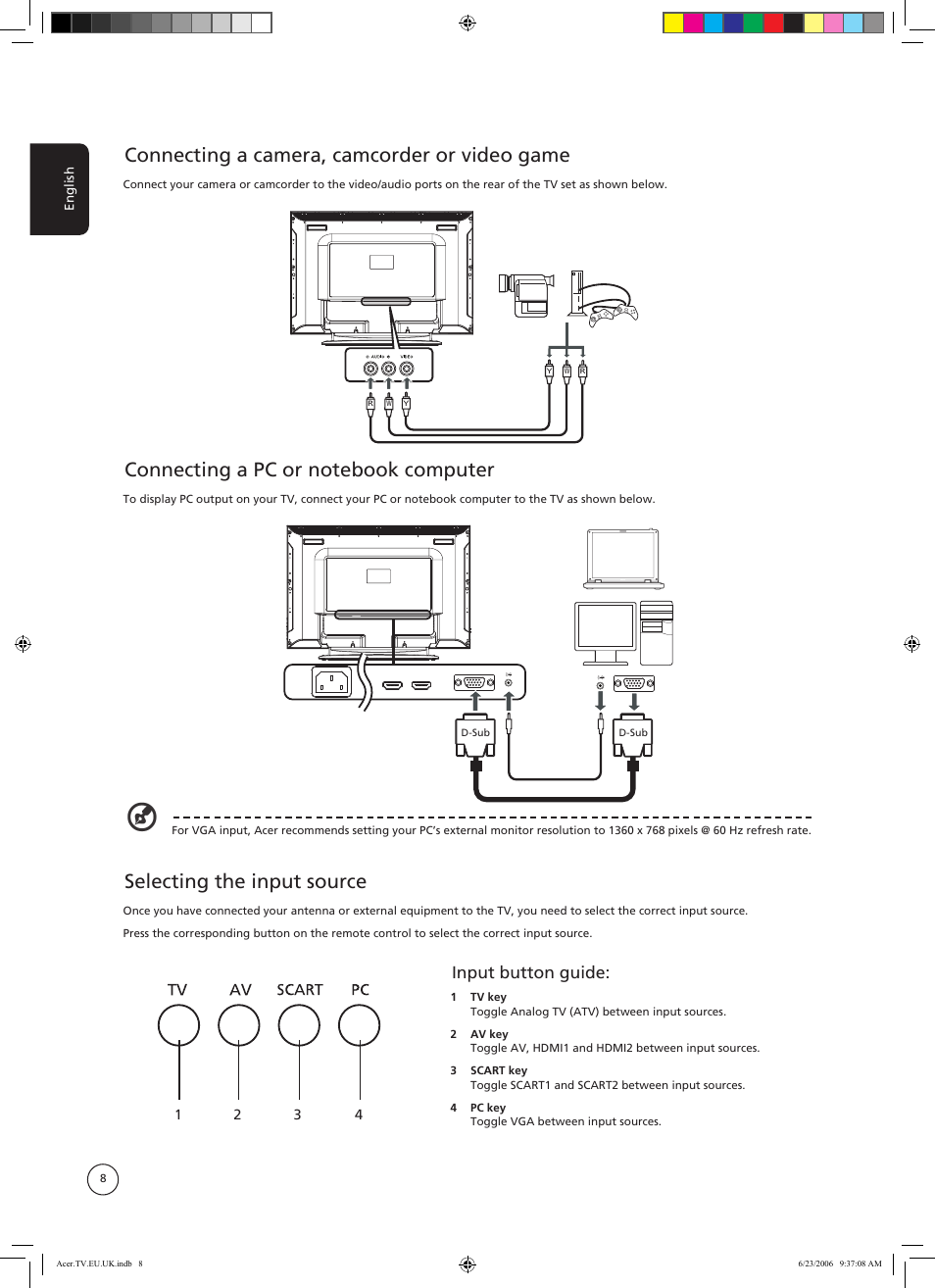 Connecting a camera, camcorder or video game, Selecting the input source, Input button guide | Acer AT3220 User Manual | Page 8 / 16