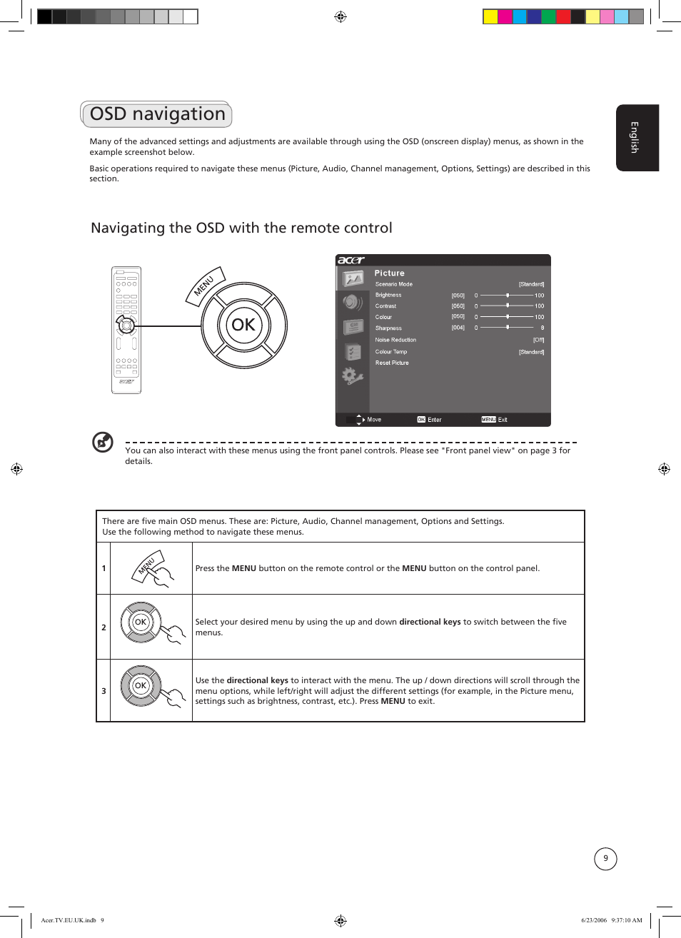 Osd navigation, Navigating the osd with the remote control | Acer AT3220 User Manual | Page 9 / 16