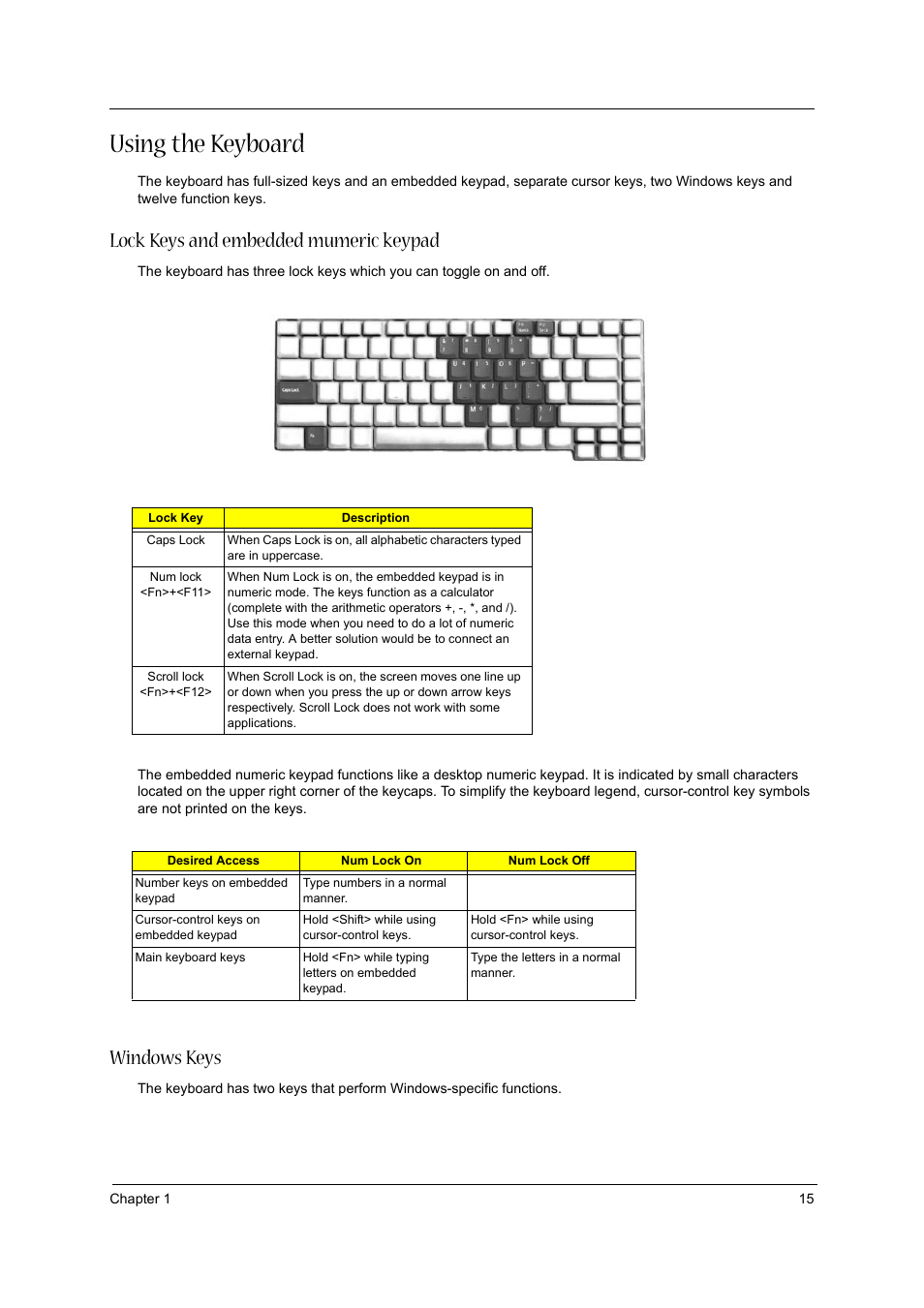 Using the keyboard, Lock keys and embedded mumeric keypad, Windows keys | Acer 3600/5500 User Manual | Page 21 / 110