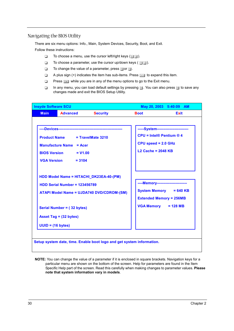 Navigating the bios utility | Acer 3600/5500 User Manual | Page 36 / 110