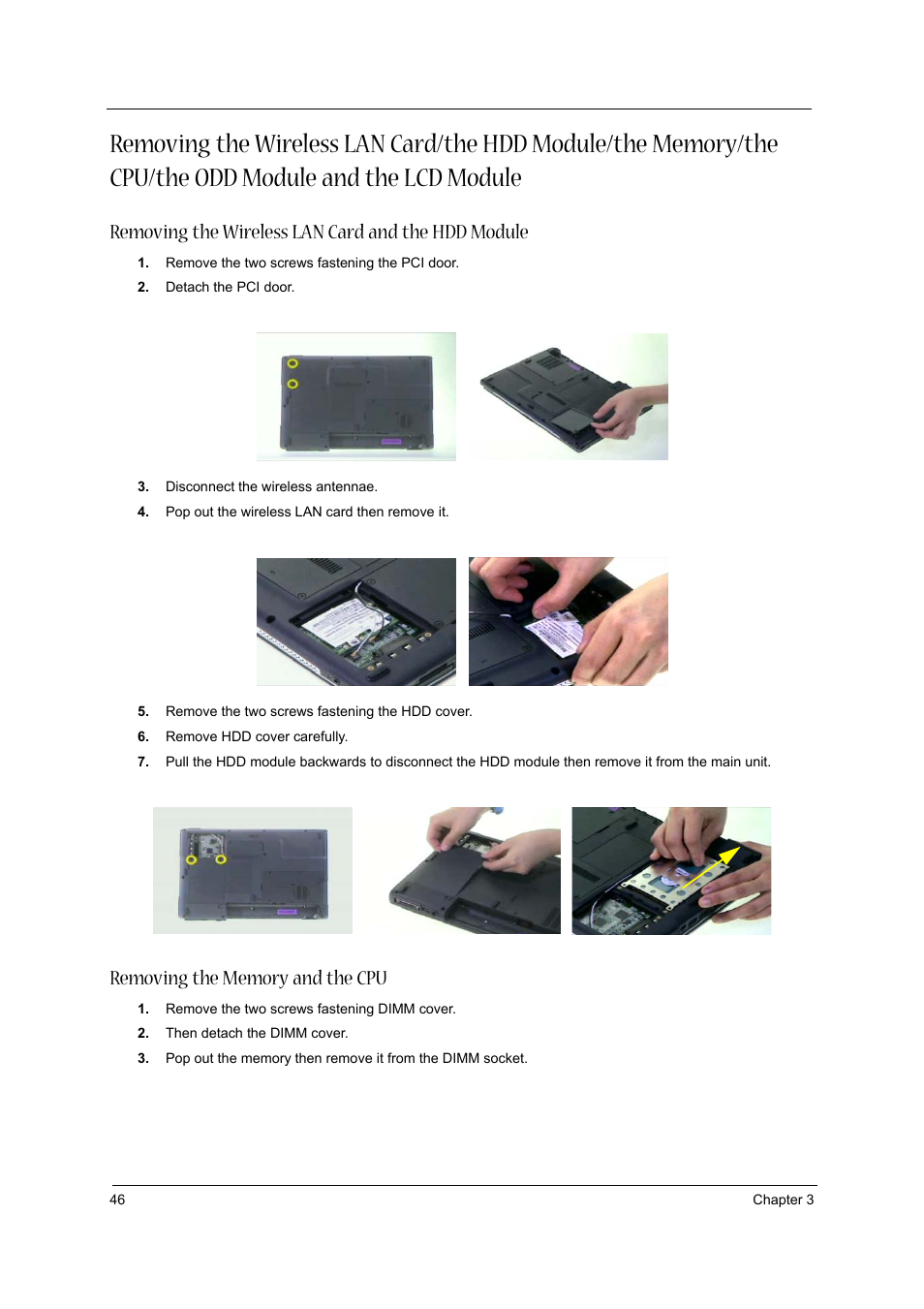 Removing the wireless lan card and the hdd module, Removing the memory and the cpu | Acer 3600/5500 User Manual | Page 52 / 110