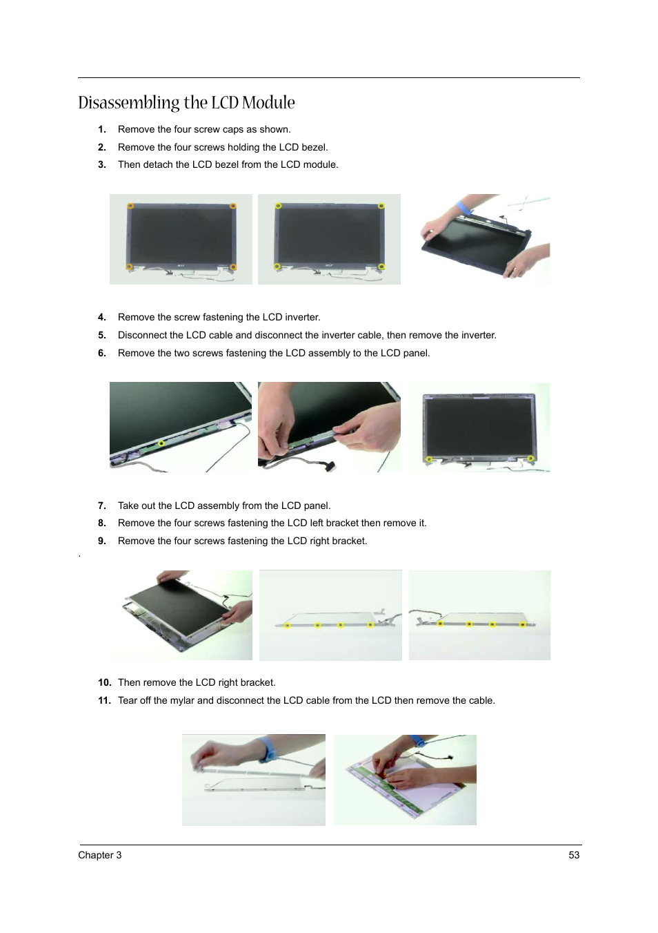 Disassembling the lcd module | Acer 3600/5500 User Manual | Page 59 / 110