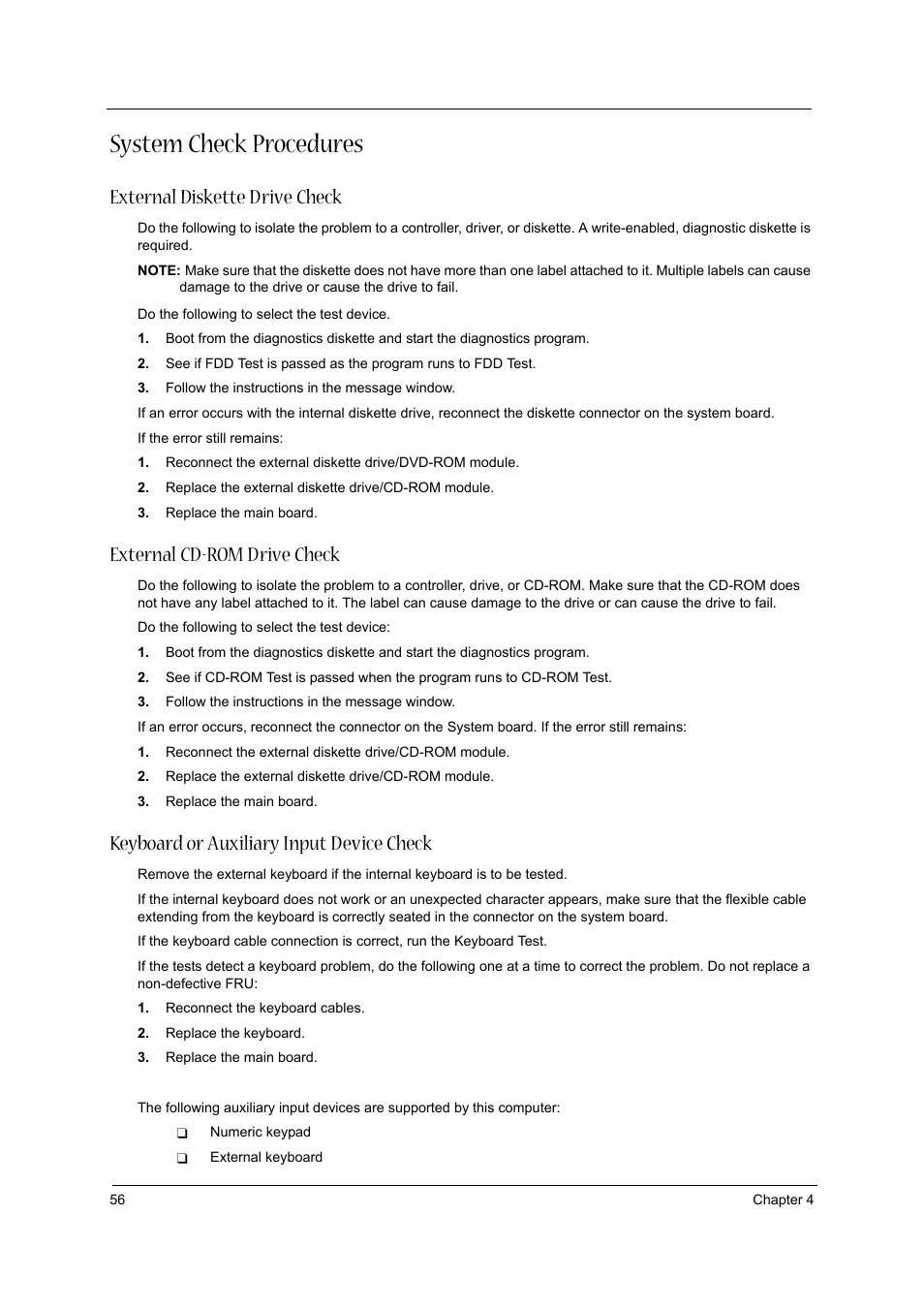 System check procedures, External diskette drive check, External cd-rom drive check | Keyboard or auxiliary input device check | Acer 3600/5500 User Manual | Page 62 / 110