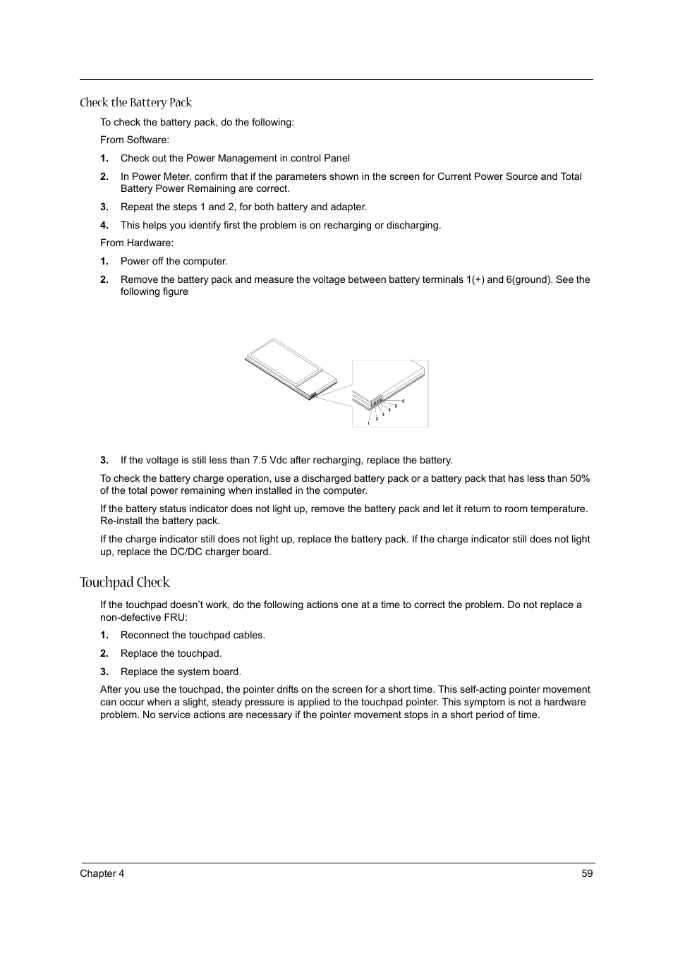 Touchpad check, Check the battery pack | Acer 3600/5500 User Manual | Page 65 / 110