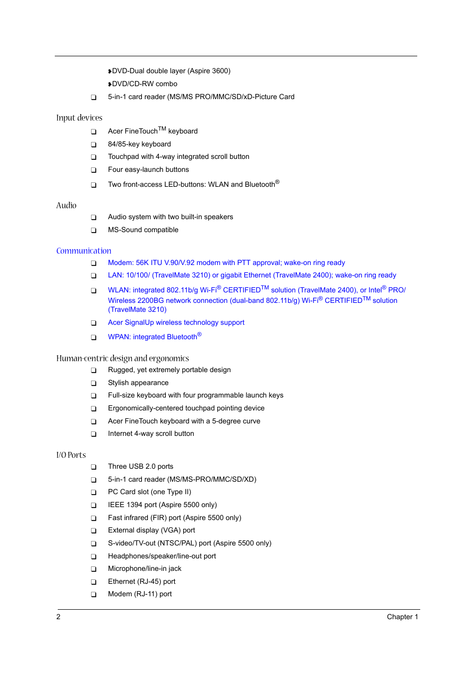 Input devices, Audio, Communication | Human-centric design and ergonomics, I/o ports | Acer 3600/5500 User Manual | Page 8 / 110