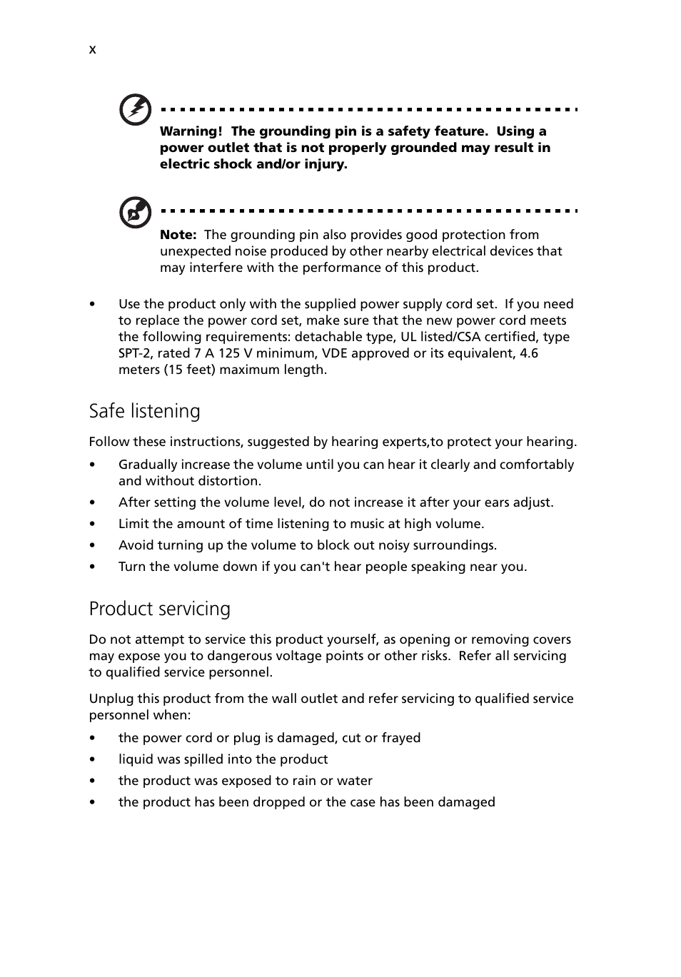 Safe listening, Product servicing | Acer Altos G5450 Series User Manual | Page 10 / 150