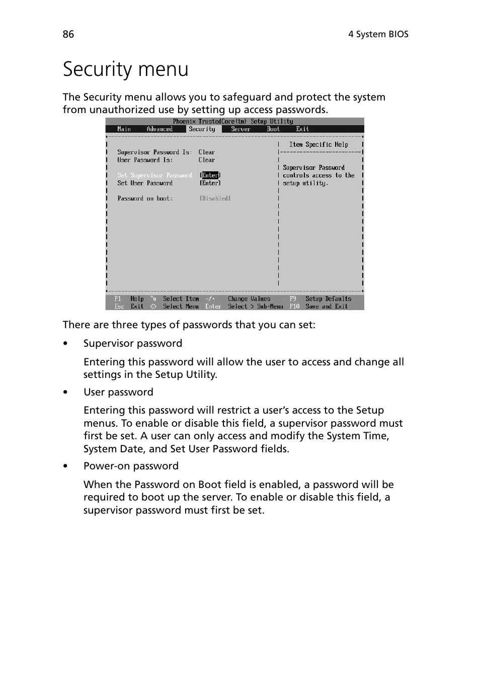 Security menu | Acer Altos G5450 Series User Manual | Page 104 / 150