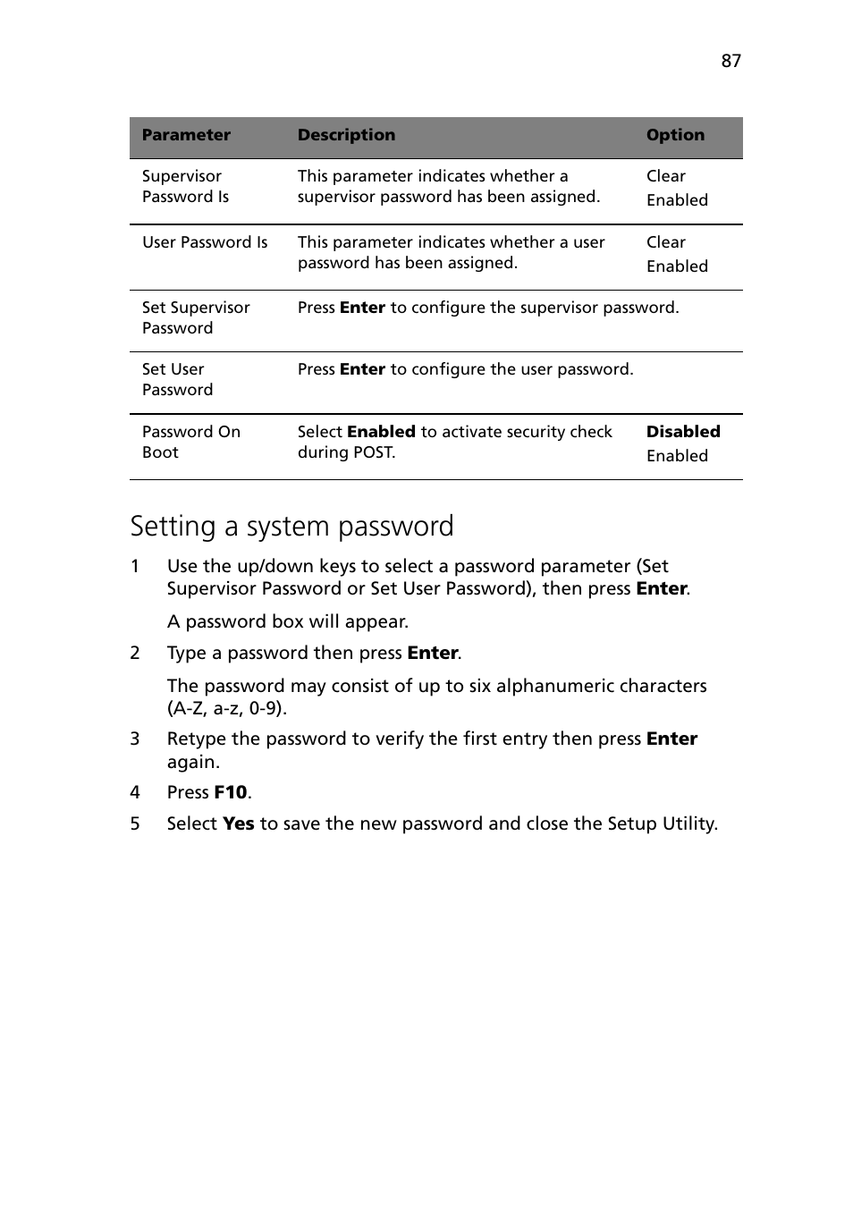 Setting a system password | Acer Altos G5450 Series User Manual | Page 105 / 150
