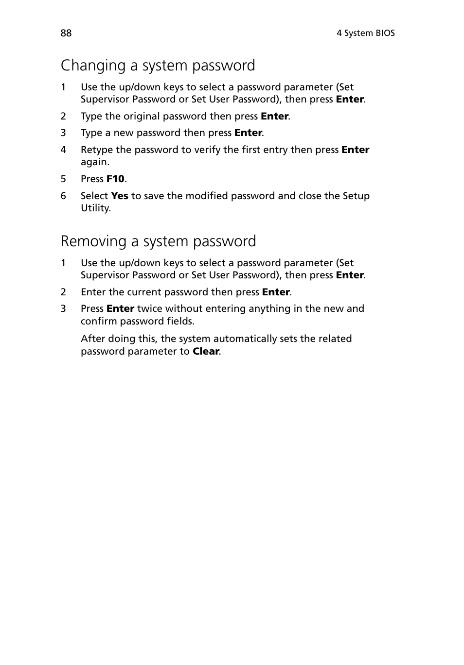 Changing a system password, Removing a system password | Acer Altos G5450 Series User Manual | Page 106 / 150