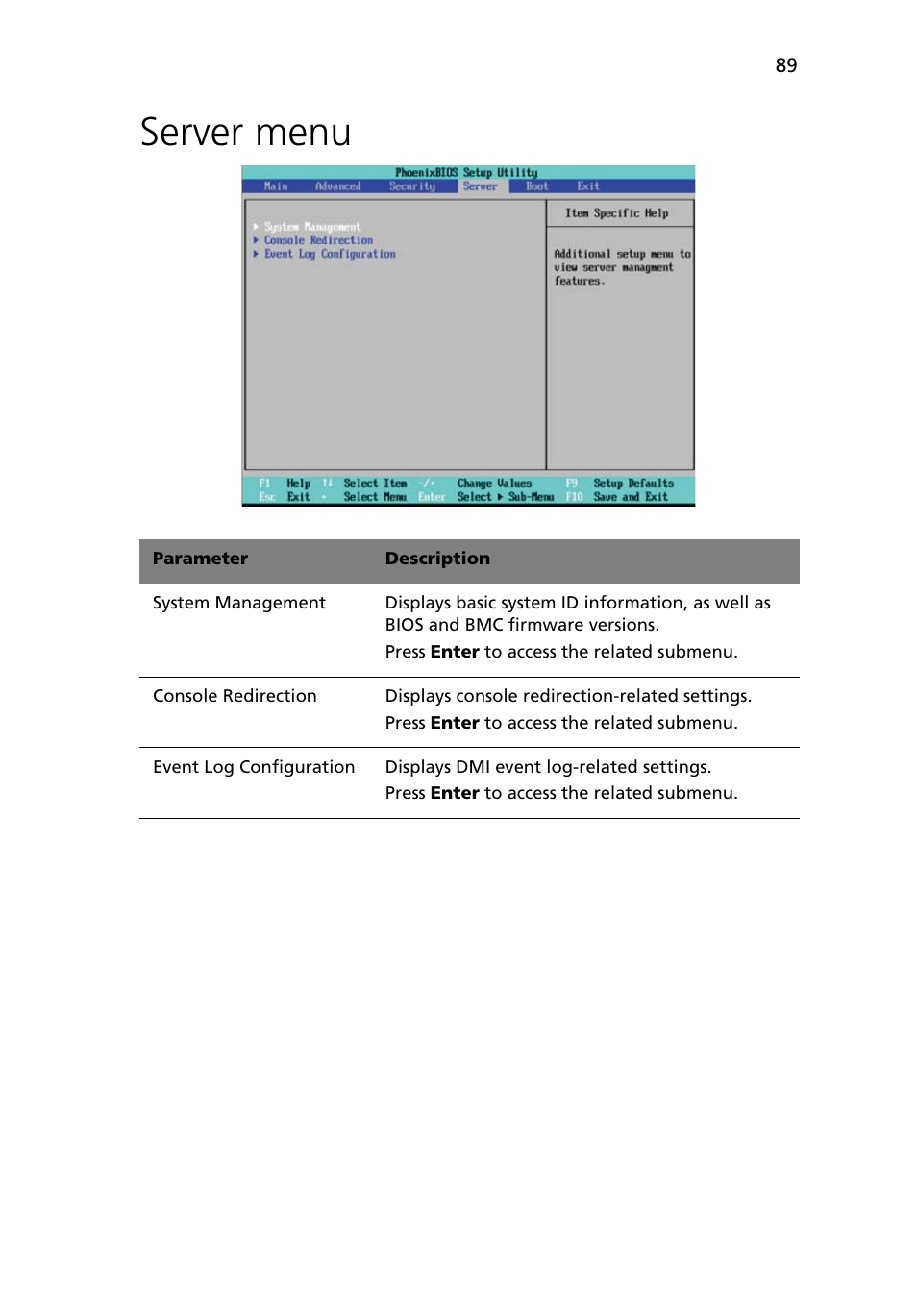 Server menu | Acer Altos G5450 Series User Manual | Page 107 / 150