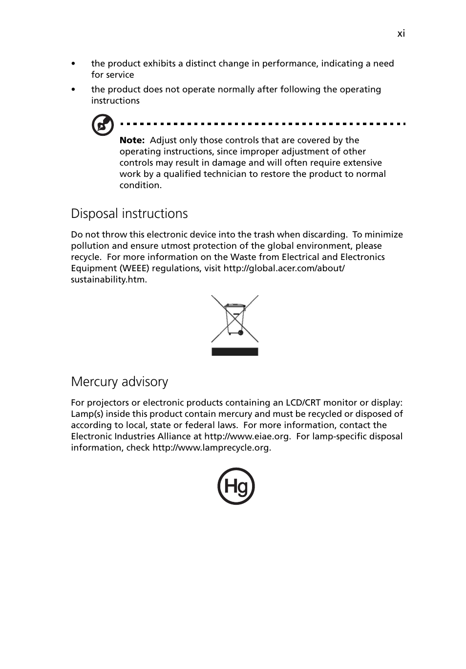 Disposal instructions, Mercury advisory | Acer Altos G5450 Series User Manual | Page 11 / 150