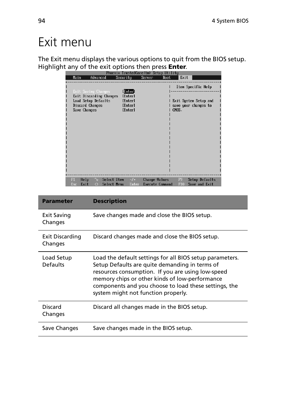 Exit menu | Acer Altos G5450 Series User Manual | Page 112 / 150