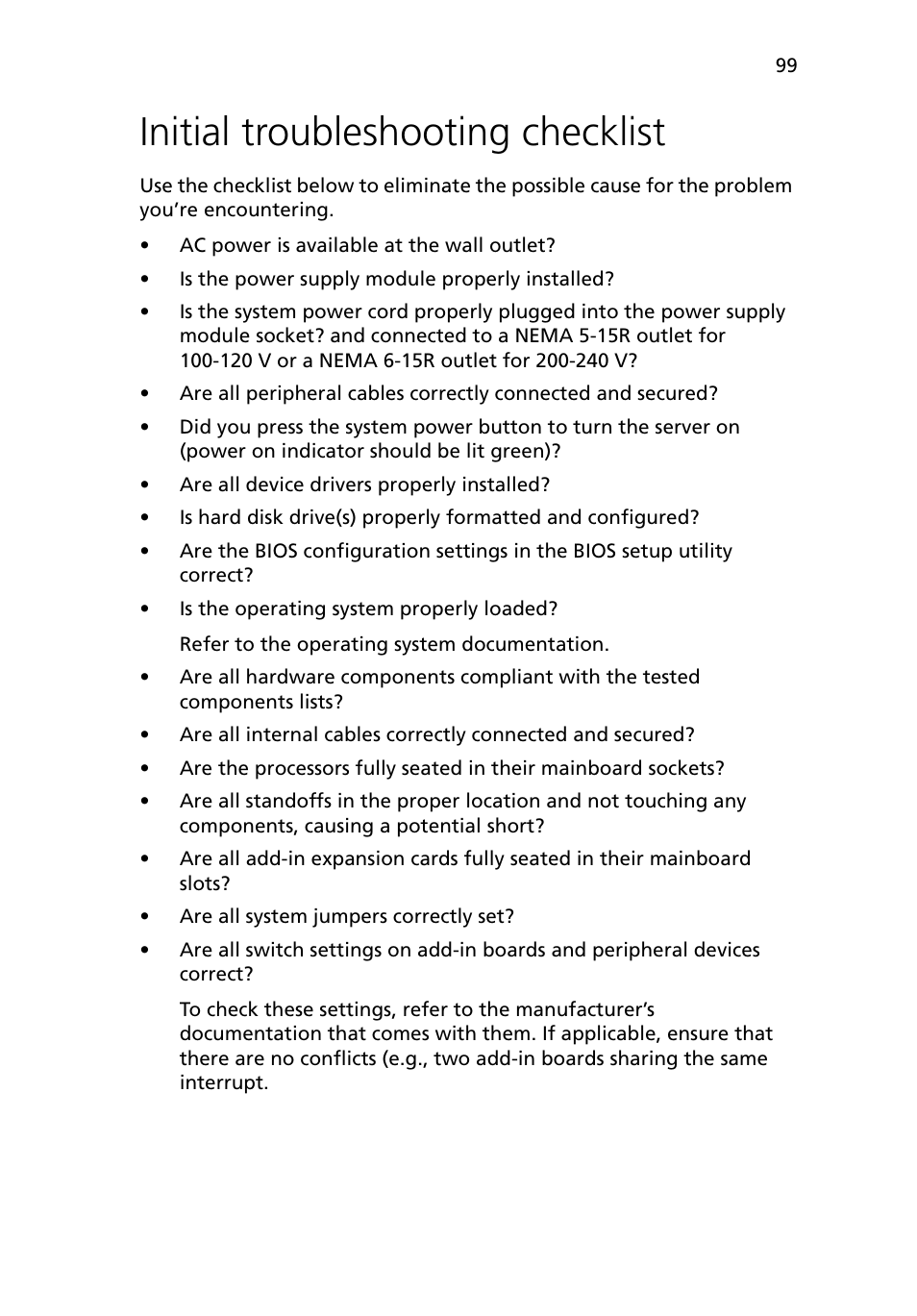 Initial troubleshooting checklist | Acer Altos G5450 Series User Manual | Page 117 / 150
