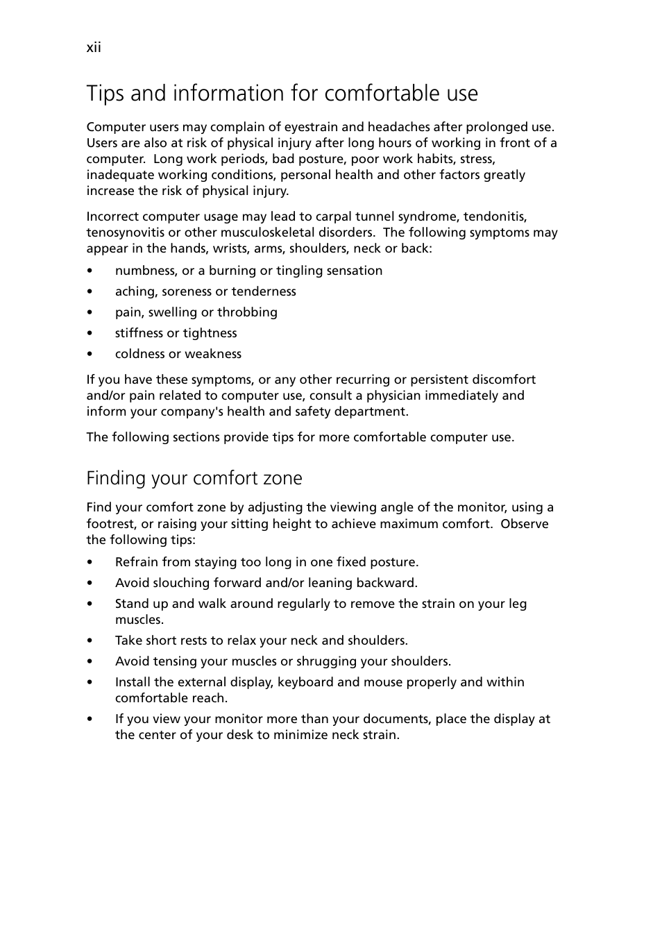 Tips and information for comfortable use, Finding your comfort zone | Acer Altos G5450 Series User Manual | Page 12 / 150