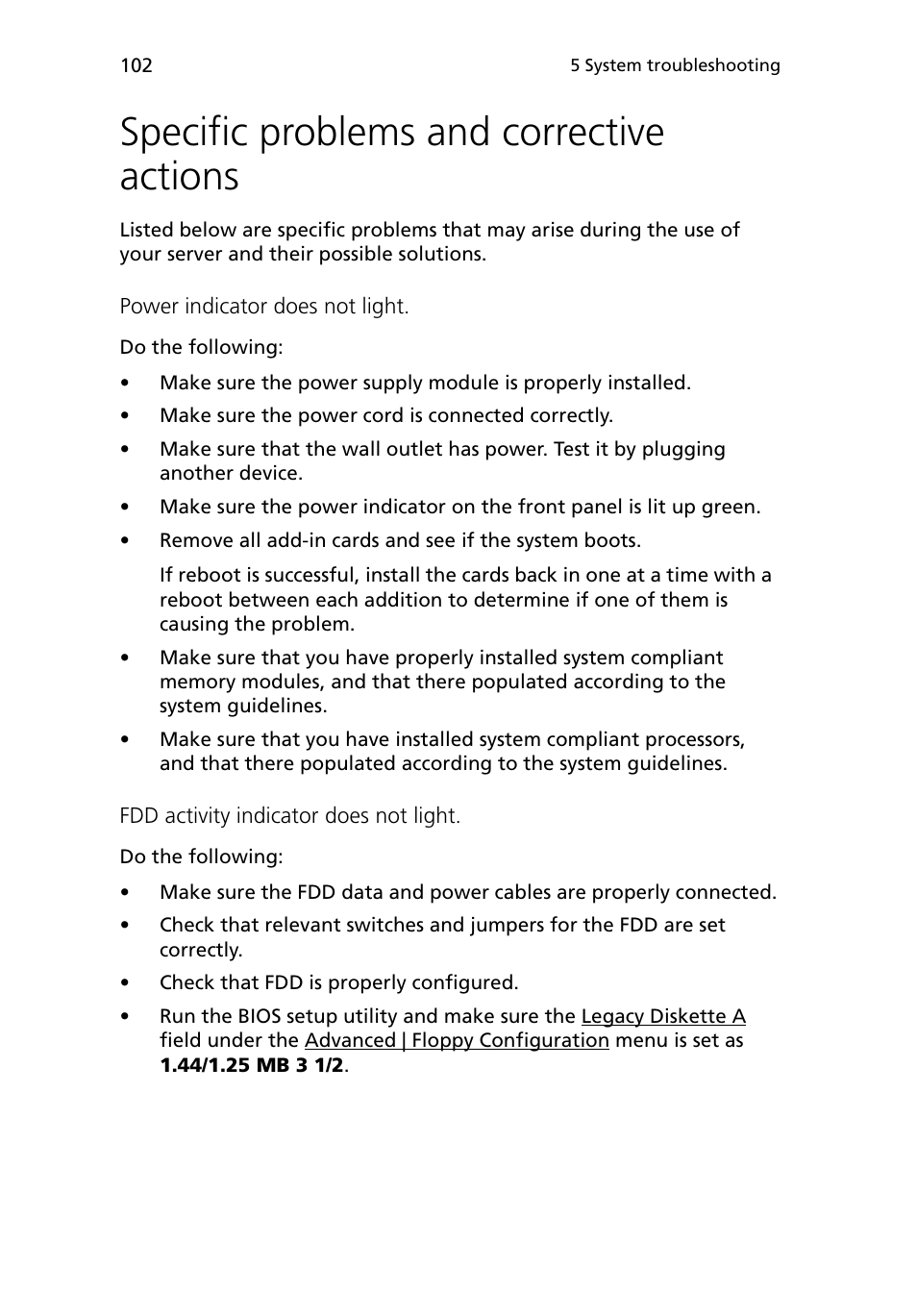 Specific problems and corrective actions | Acer Altos G5450 Series User Manual | Page 120 / 150