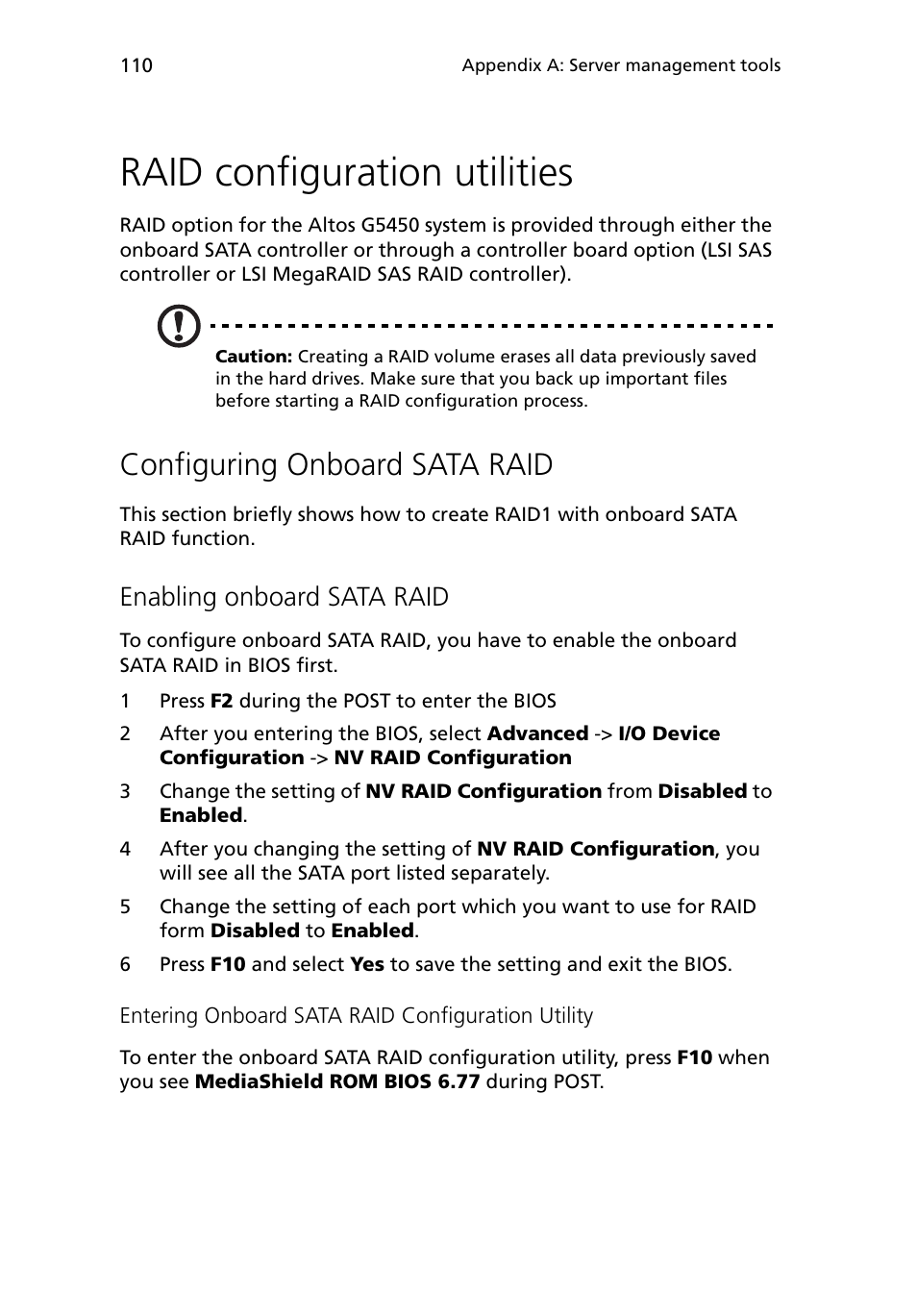 Raid configuration utilities, Configuring onboard sata raid, Enabling onboard sata raid | Acer Altos G5450 Series User Manual | Page 128 / 150